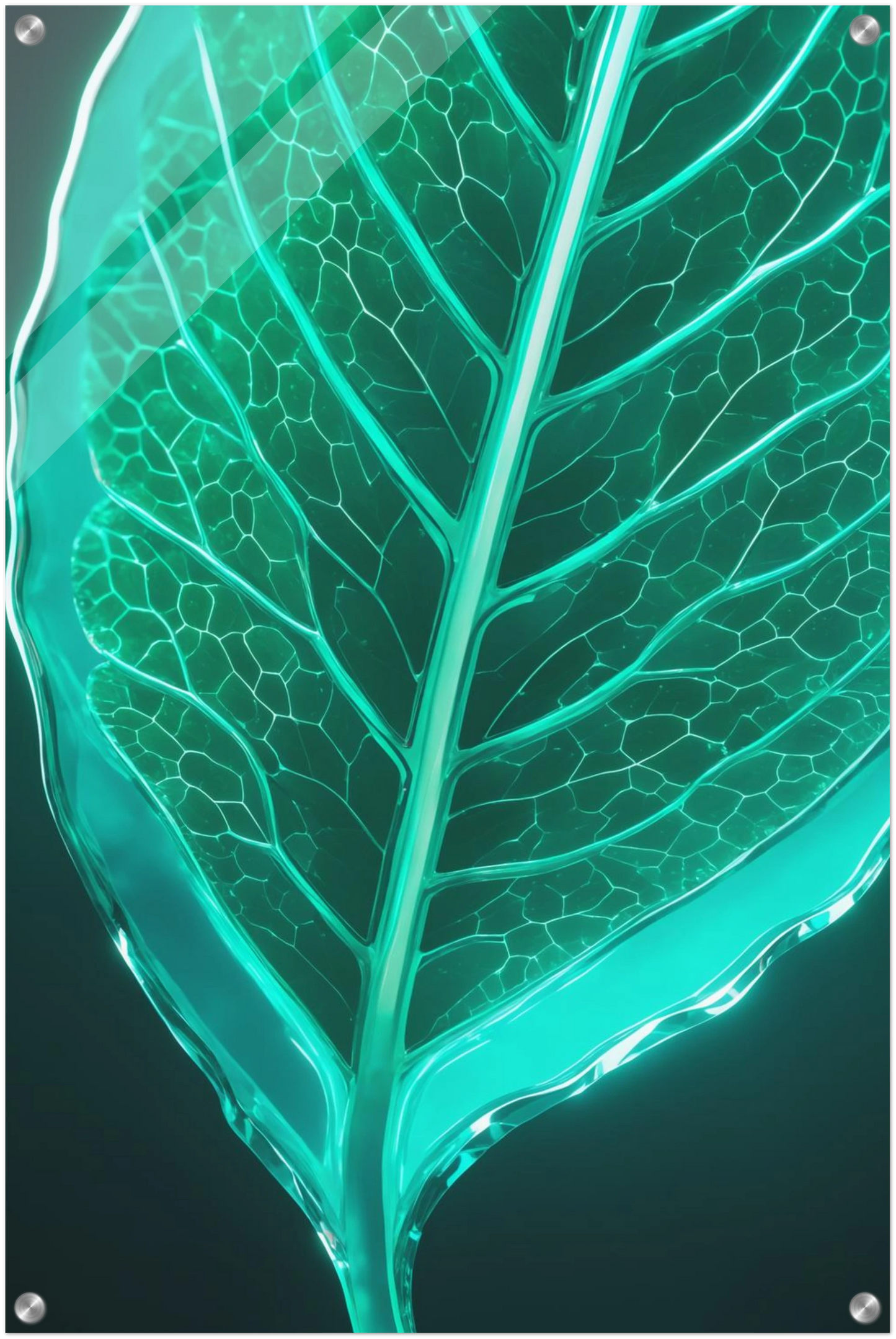 Modernes Wandbild eines leuchtenden, türkisfarbenen Blattes in transparenter Glas-Optik mit sichtbaren Blattadern. 50x75 cm. Acryl