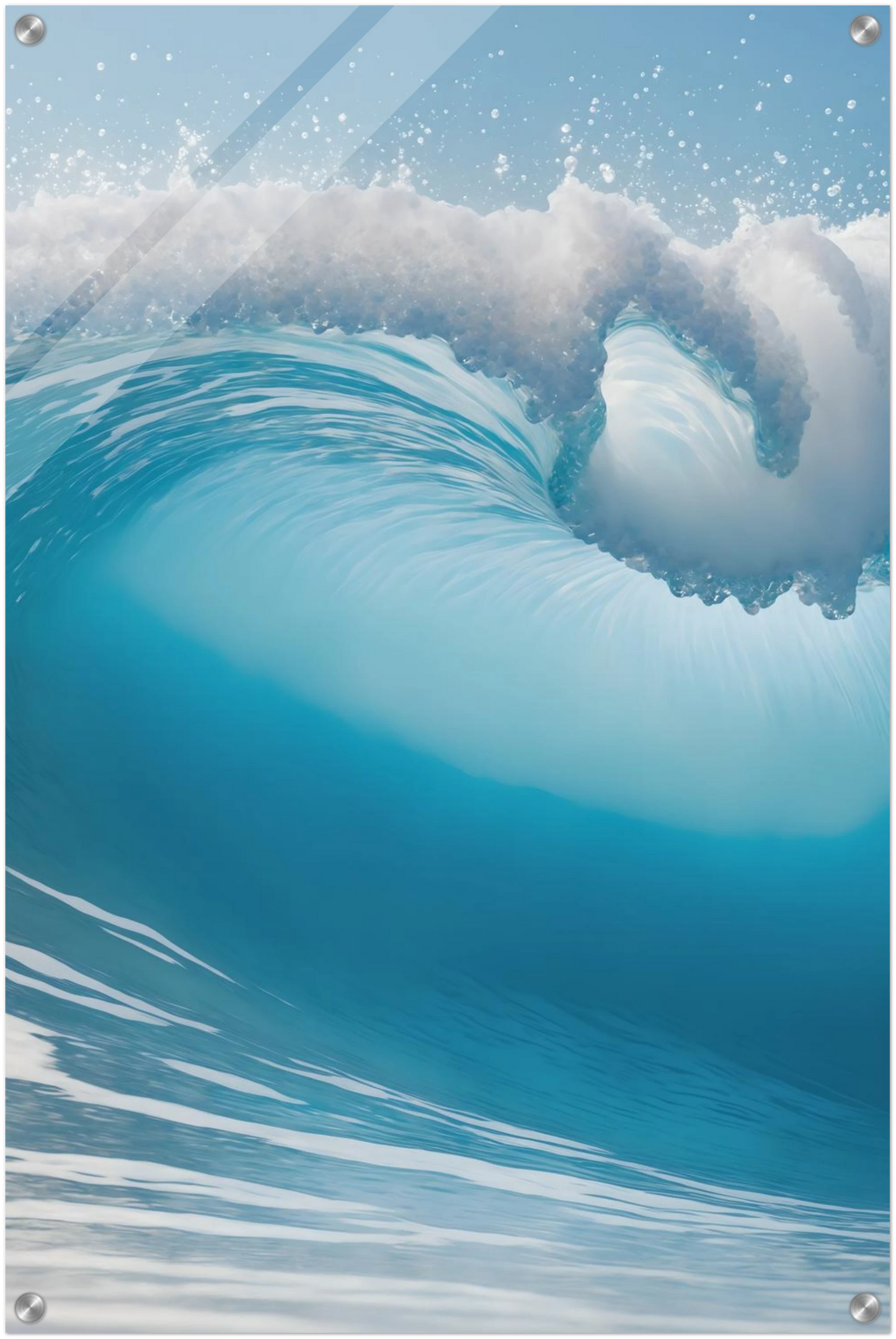 Abstraktes Wandbild einer brechenden Meereswelle in Türkis und Blau mit weißer Gischt. 50x75 cm. Acryl