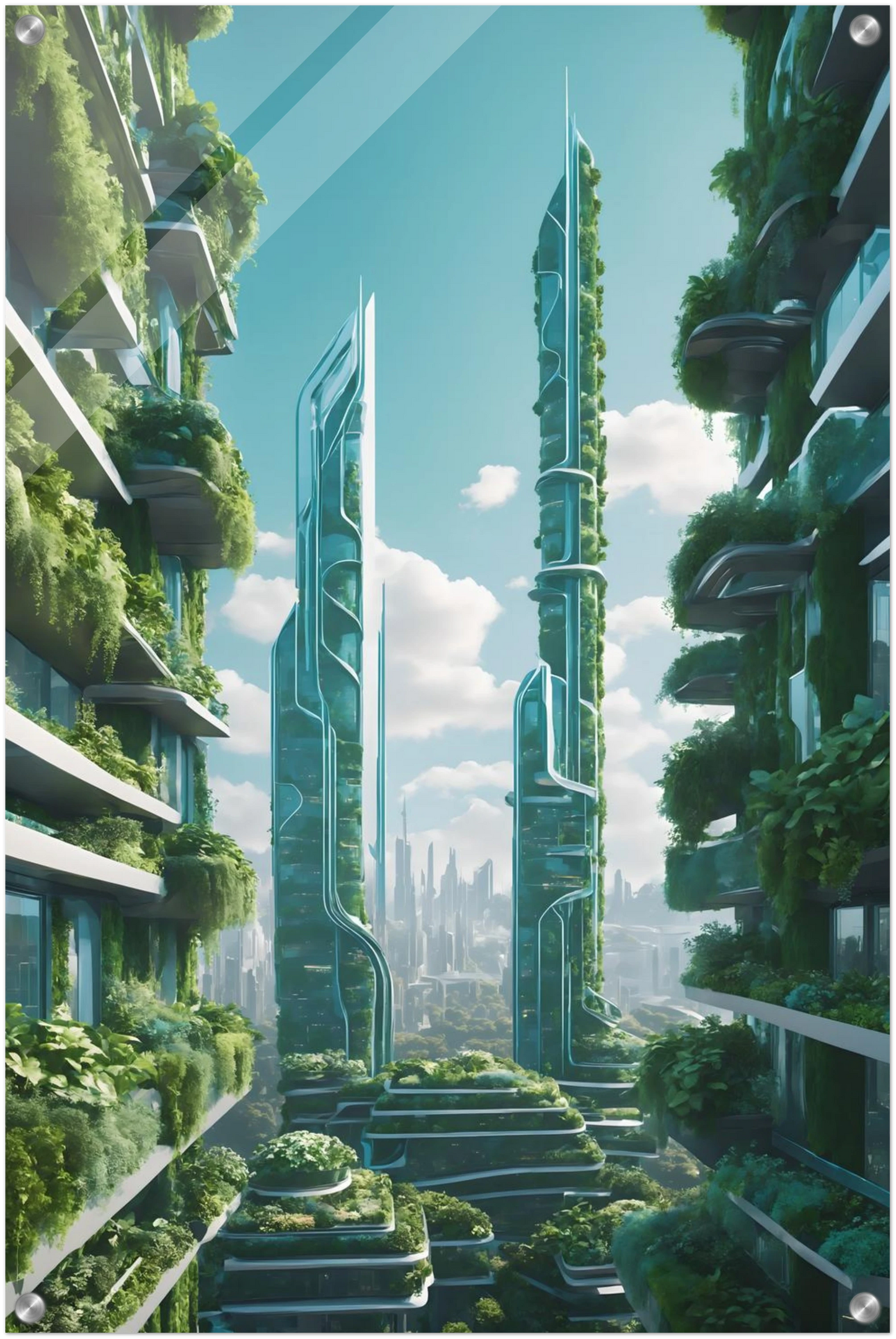 Digitales Kunstwerk einer futuristischen Stadt mit extrem hohen, schlanken Wolkenkratzern, die über und über mit grünen Pflanzen bewachsen sind. 50x75 cm. Acryl