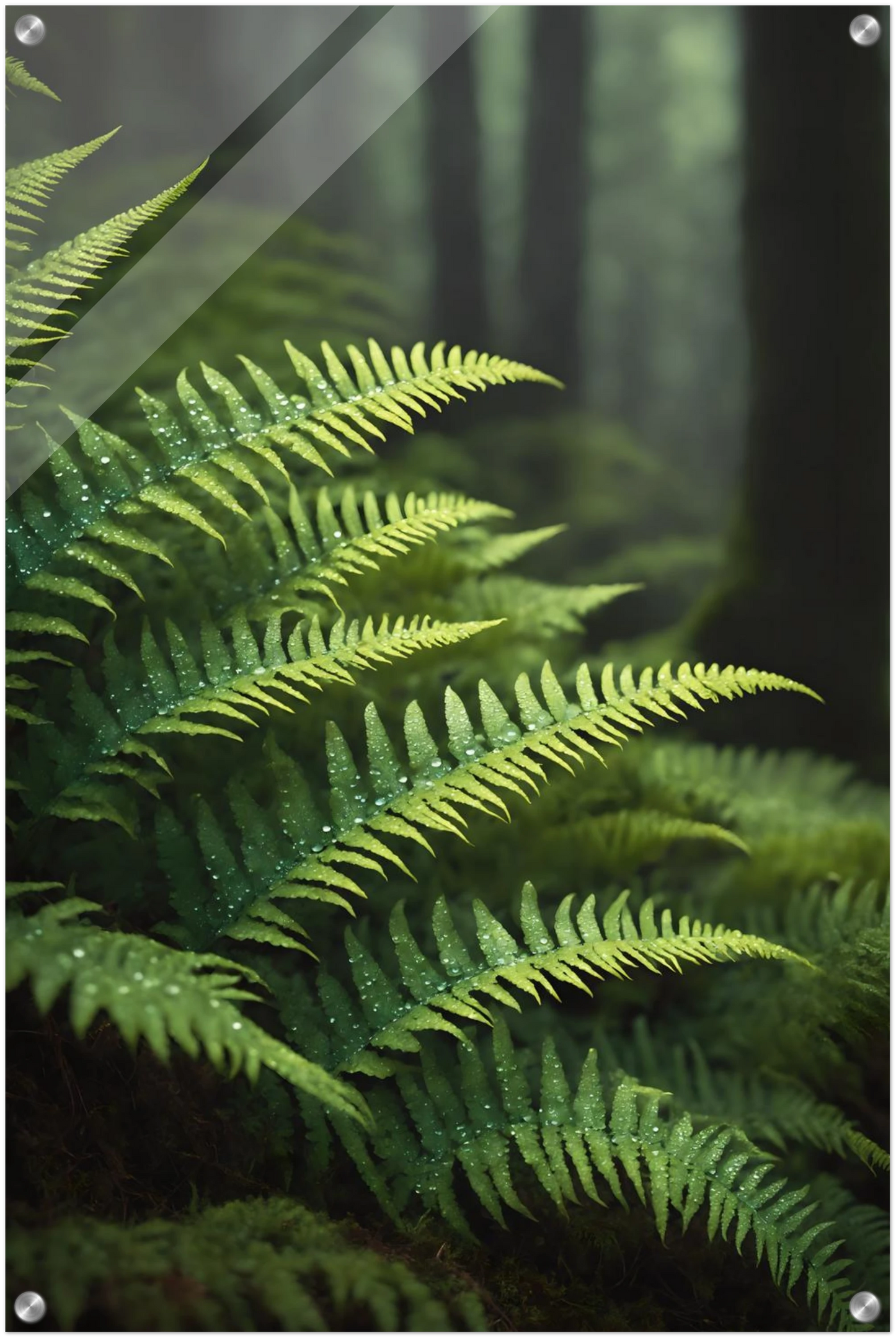 Nahaufnahme von grünen Farnwedeln mit Tautropfen in einem dichten, nebligen Wald mit weichem Hintergrund. 50x75 cm. Acryl
