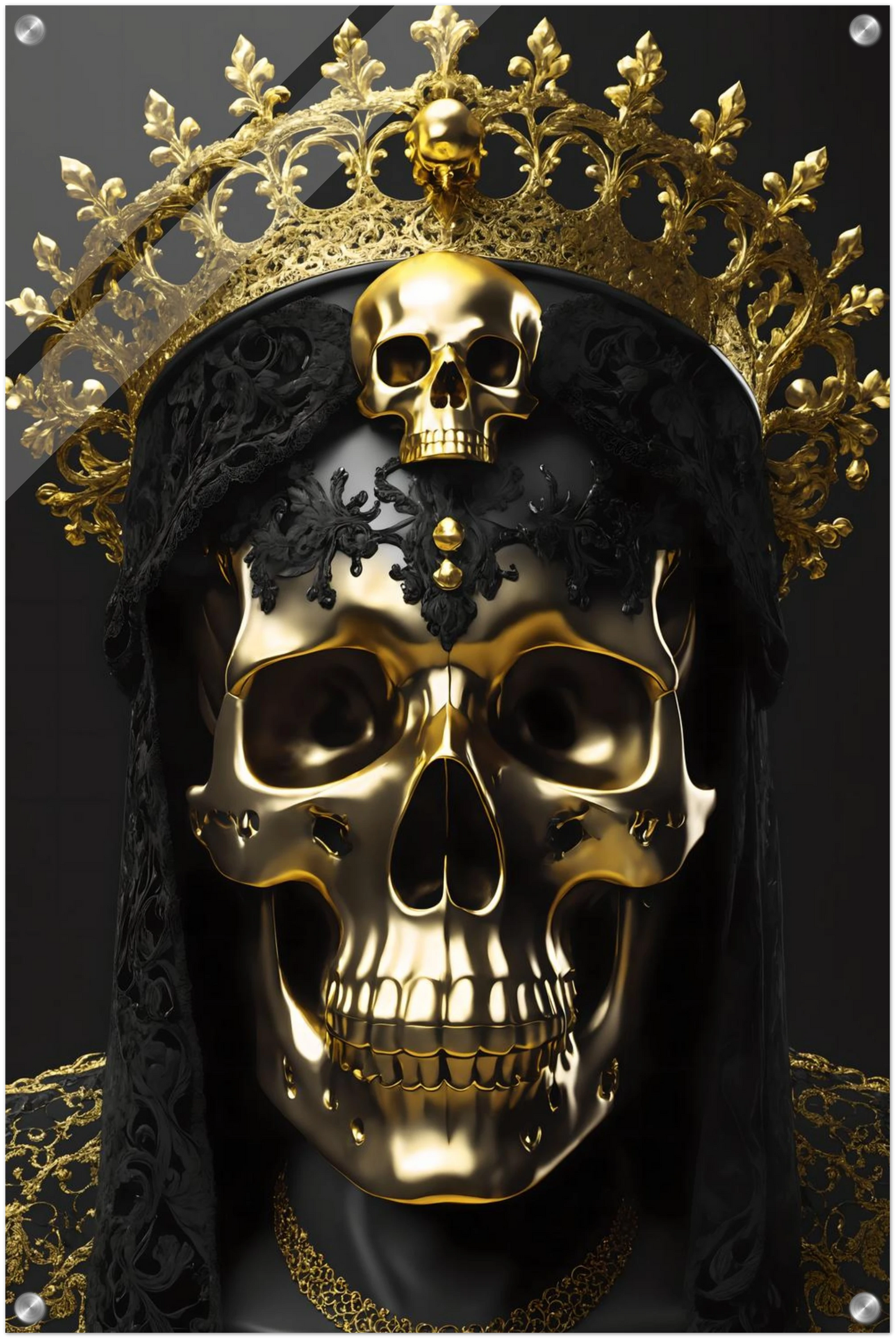 Modernes Wandbild eines golden glänzenden Schädels mit einer großen, filigranen Goldkrone vor dunklem Hintergrund. 50x75 cm. Acryl