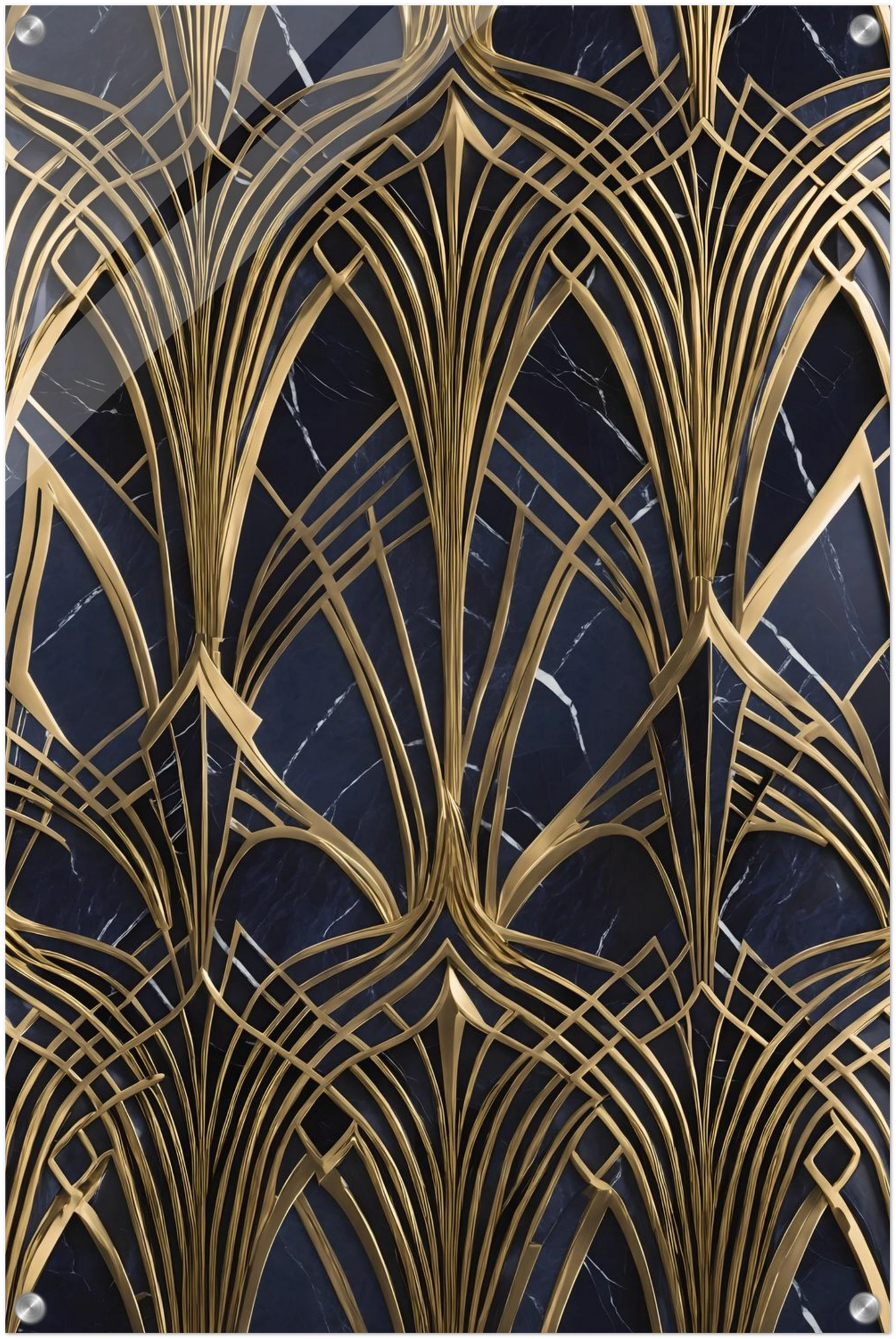 Modernes Wandbild mit goldenen, symmetrischen Art-Déco-Bögen auf einem dunkelblauen, marmorierten Hintergrund. 50x75 cm. Acryl