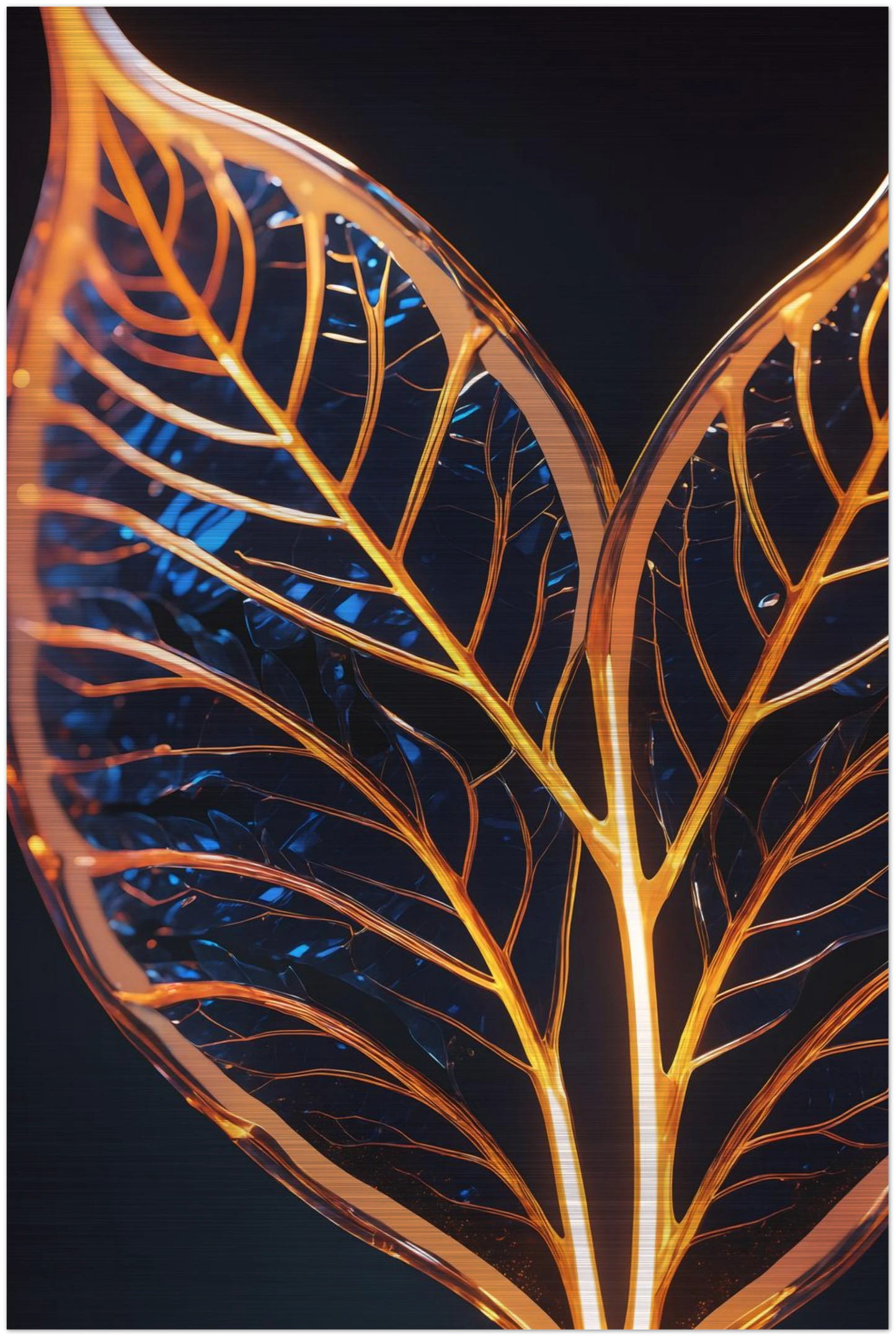Modernes Wandbild mit zwei goldenen, gläsernen Blättern in Makroaufnahme auf dunklem Hintergrund, Format 50x75 cm. Brushed