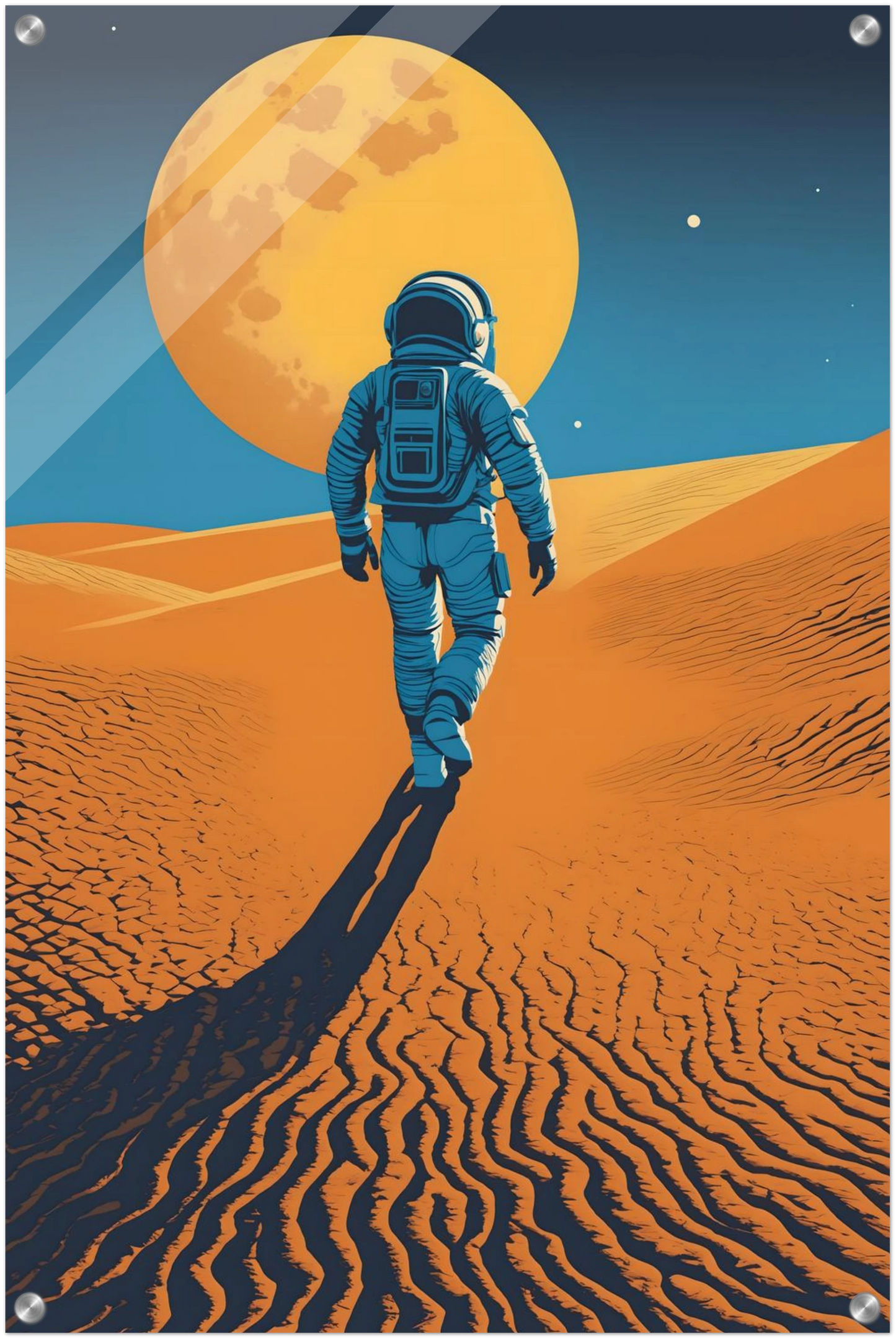 Illustration eines Astronauten, der bei Nacht durch eine orangefarbene Wüstenlandschaft unter einem großen Vollmond wandert. 50x75 cm. Acryl