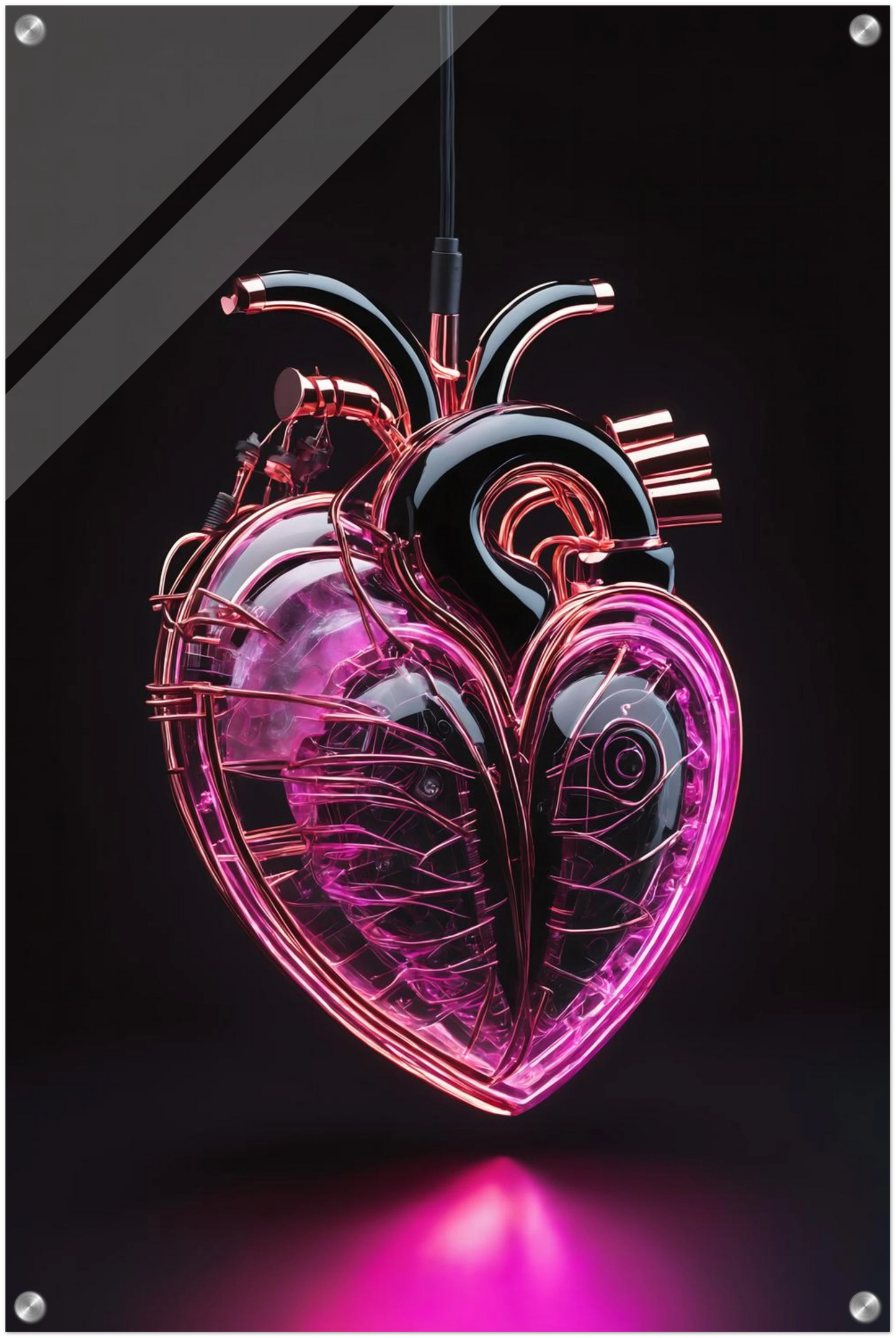 Digitales Kunstwerk eines anatomischen Herzens mit leuchtend pinken Neon-Strukturen und glänzenden schwarzen Oberflächen auf dunklem Grund. 50x75 cm. Acryl