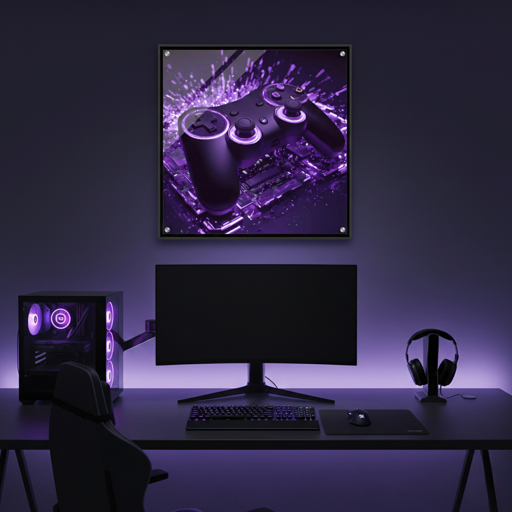 Modernes Gaming-Wandbild mit einem schwarzen Controller, der von violettem Neonlicht und Lichtpartikeln umgeben ist. 60x60 cm. Acryl