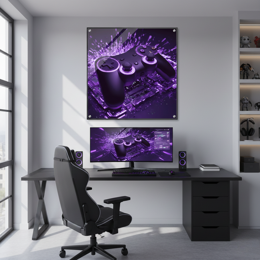 Modernes Gaming-Wandbild mit einem schwarzen Controller, der von violettem Neonlicht und Lichtpartikeln umgeben ist. 60x60 cm. Acryl