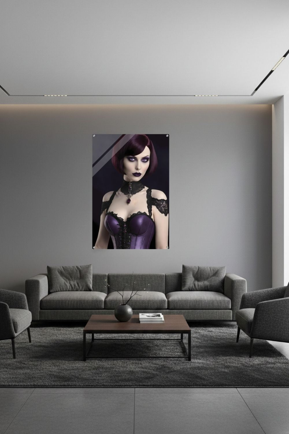 Edles Porträt einer Frau im Gothic-Stil mit violetten Augen, lila Satin-Korsett und schwarzer Spitze vor dunklem Hintergrund. Acryl