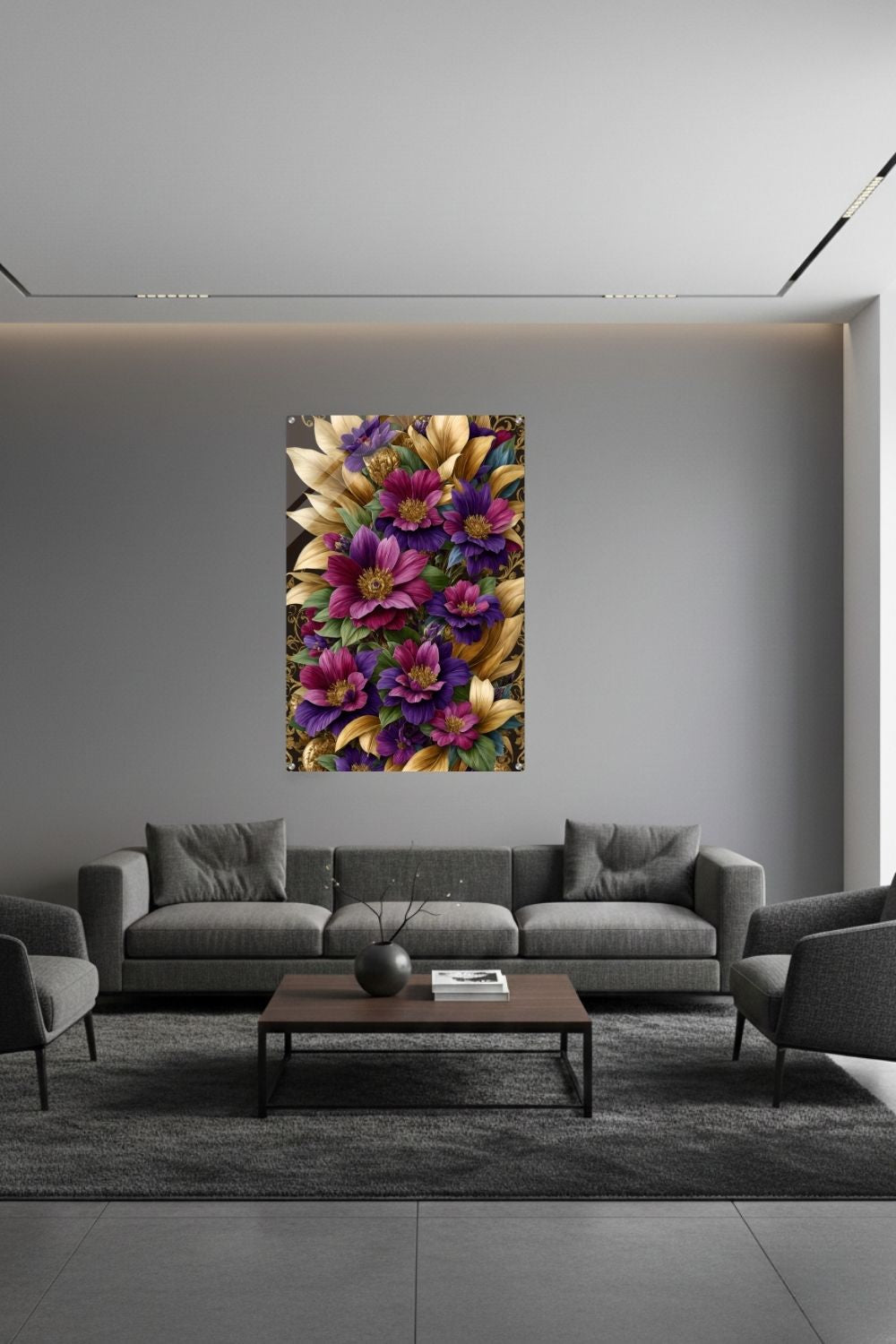 Florale Pracht trifft auf Luxus: „Imperial Blossom“ fasziniert durch goldene Blätter & violette Blüten. Jetzt als exklusives Wandbild bei Gudekind entdecken. Acryl