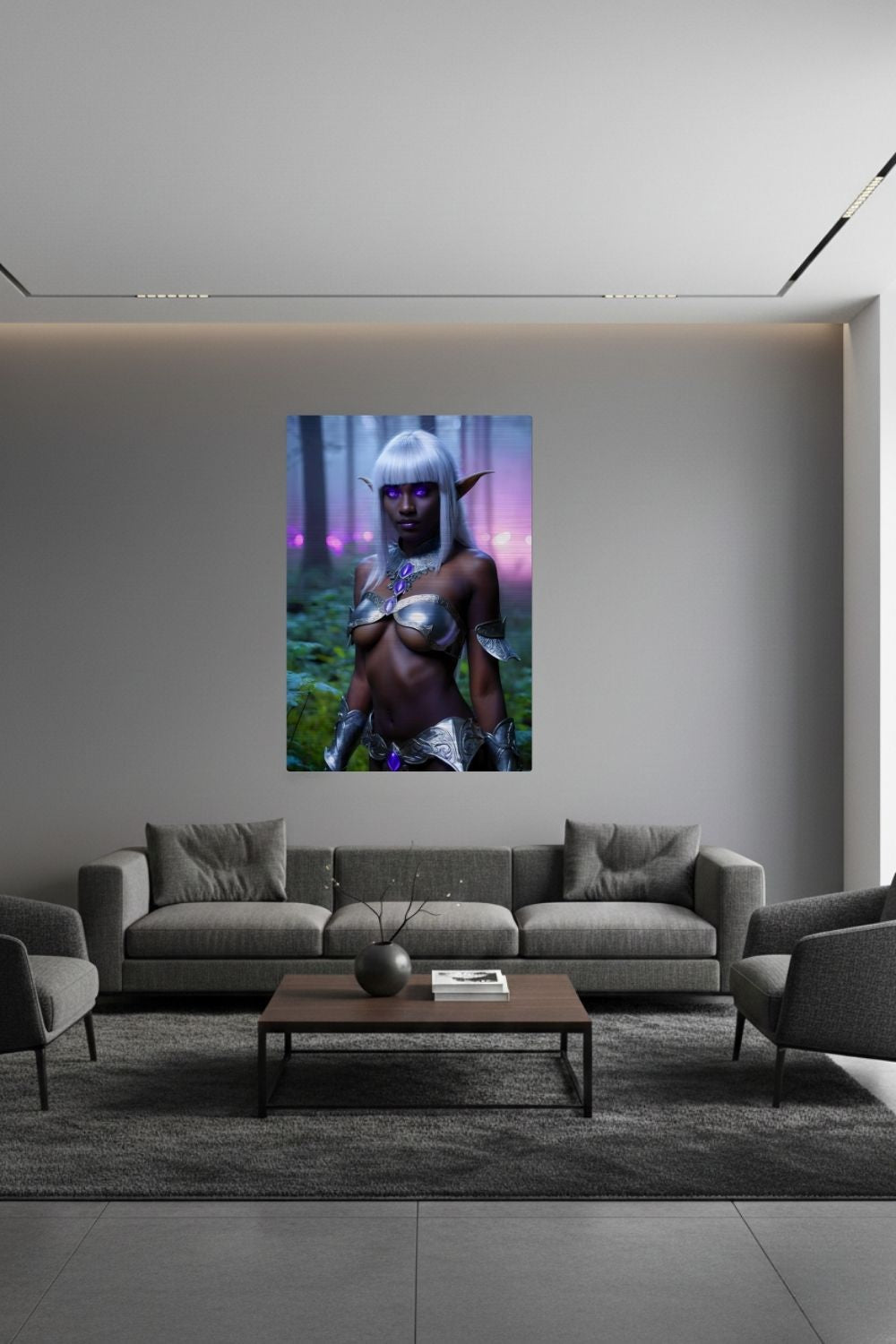 Mystisches Porträt einer Dunkelelfin mit platinweißem Haar, leuchtend violetten Augen und einer silbernen Rüstung in einem nebligen Wald. Brushed