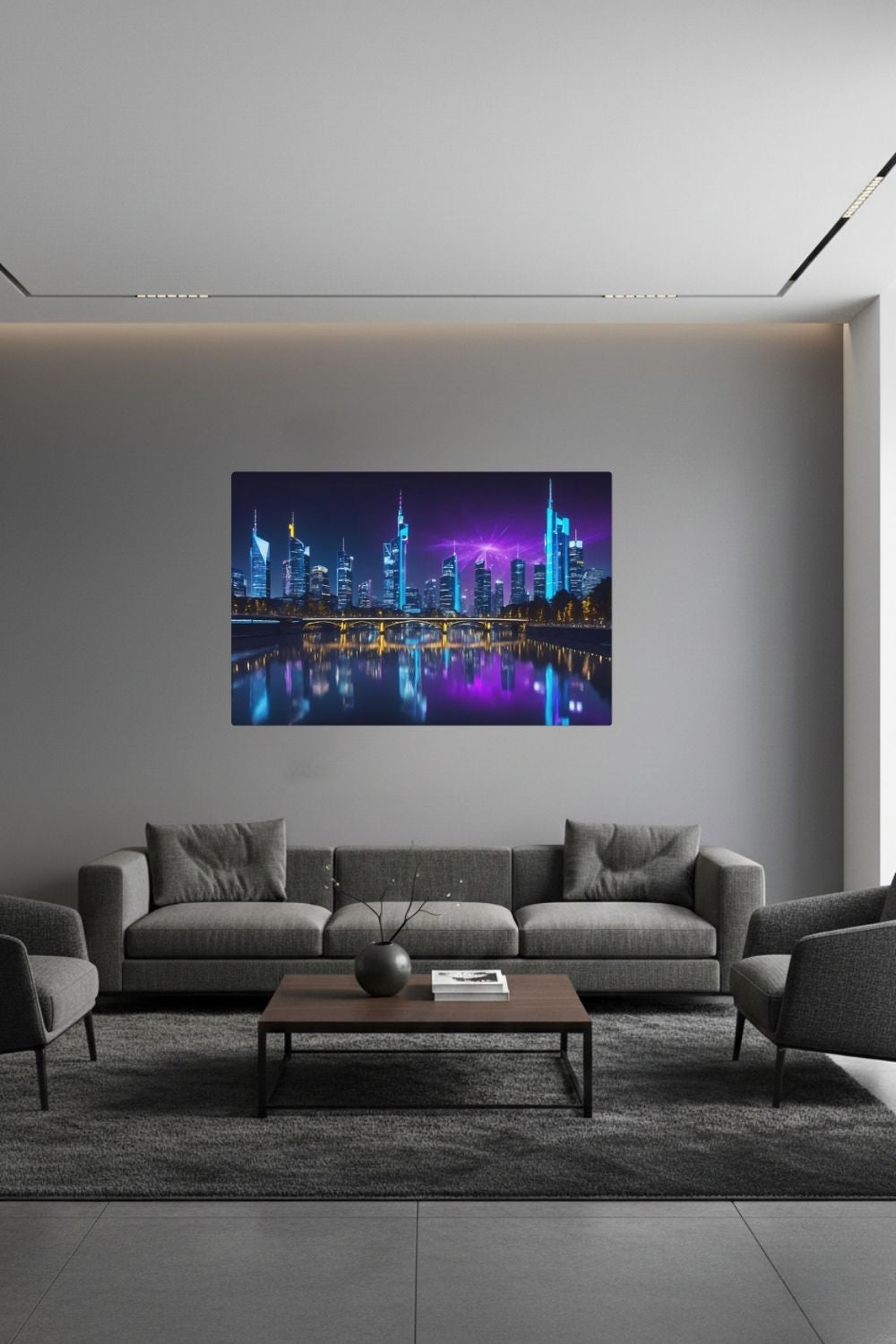 Futuristisches Wandbild der Frankfurter Skyline bei Nacht mit neonblauen Hochhäusern und violetten Lichtreflexionen auf dem Main. Dibond