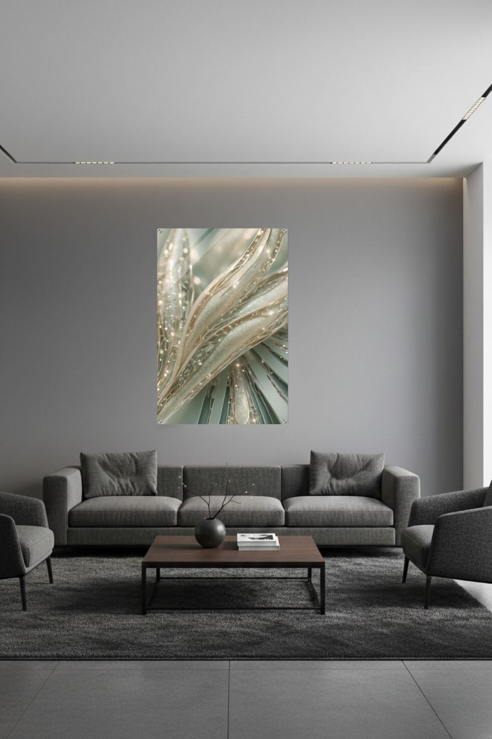 Abstraktes Kunstwerk mit organischen, cremefarbenen Strukturen, glitzernden Kristalldetails und weißen Perlen. Acryl