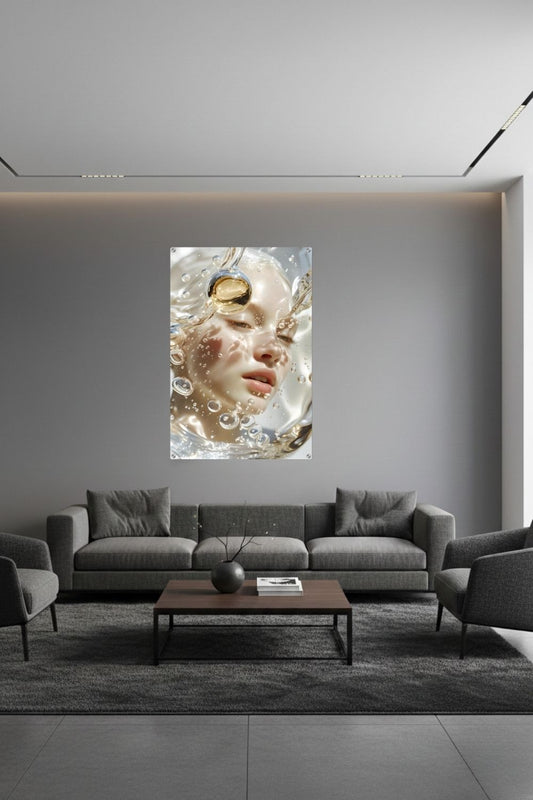 Surreales Porträt einer Frau hinter klarem Wasser mit vielen aufsteigenden Luftblasen, Wassertropfen und hellen Lichtreflexen. Acryl