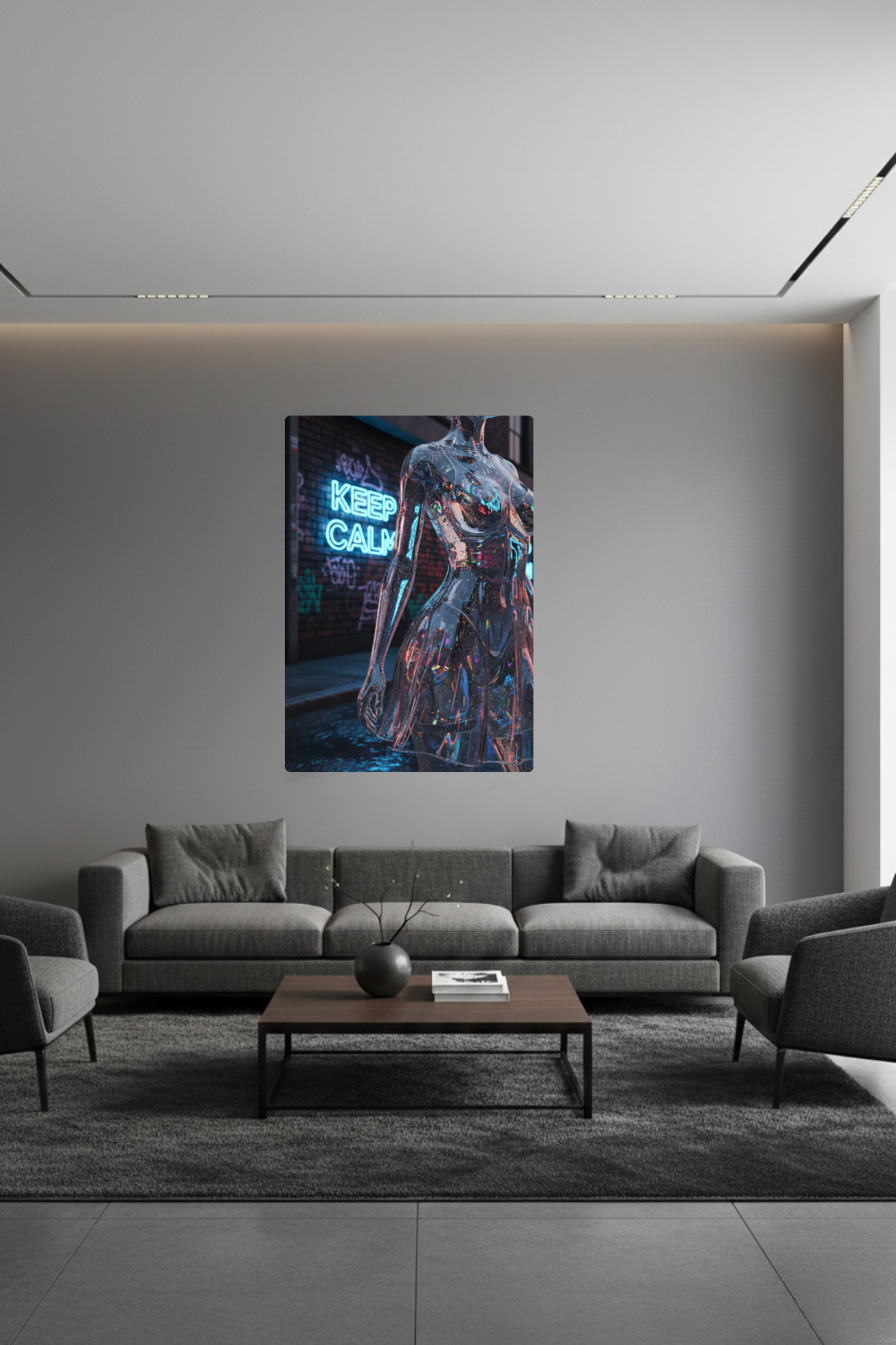 Wandbild einer transparenten Frauenfigur aus Glas vor einer Backsteinwand mit blauem 'Keep Calm' Neonschild. Acryl