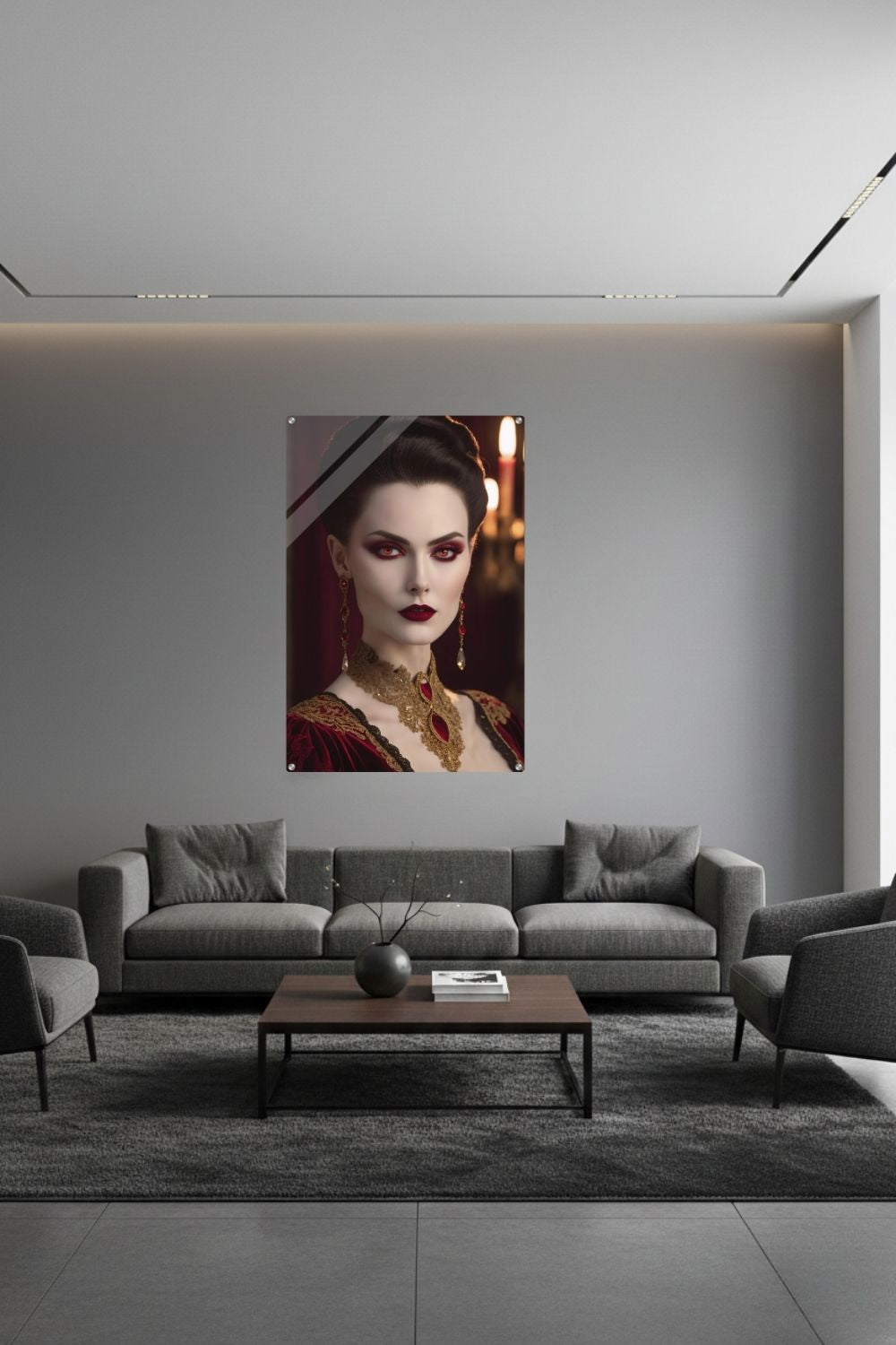 Elegantes Porträt einer Frau im aristokratischen Stil mit roten Augen, rotem Samtkleid und opulentem Goldschmuck vor einem dunklen Hintergrund. Acryl