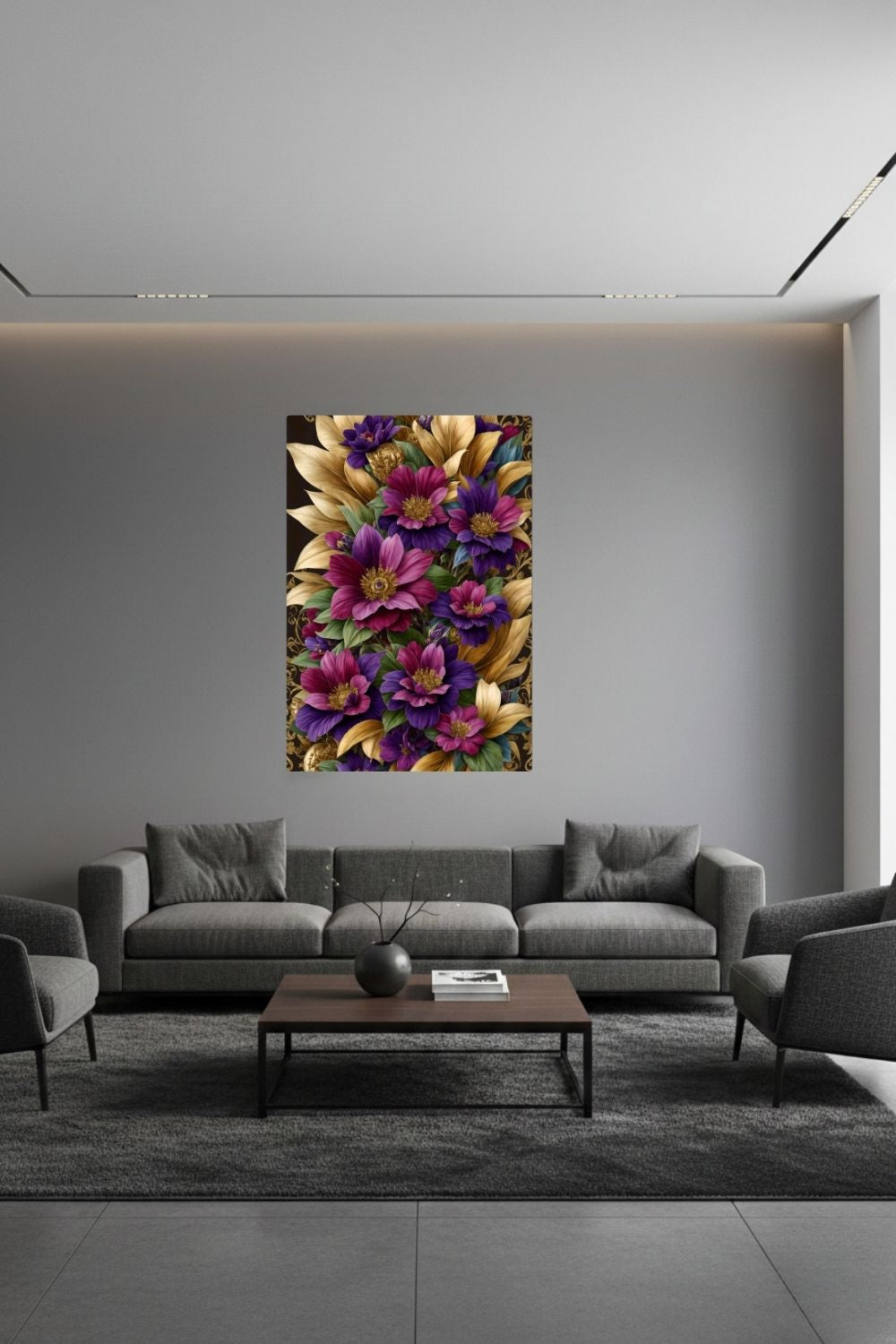 Florale Pracht trifft auf Luxus: „Imperial Blossom“ fasziniert durch goldene Blätter & violette Blüten. Jetzt als exklusives Wandbild bei Gudekind entdecken. Dibond