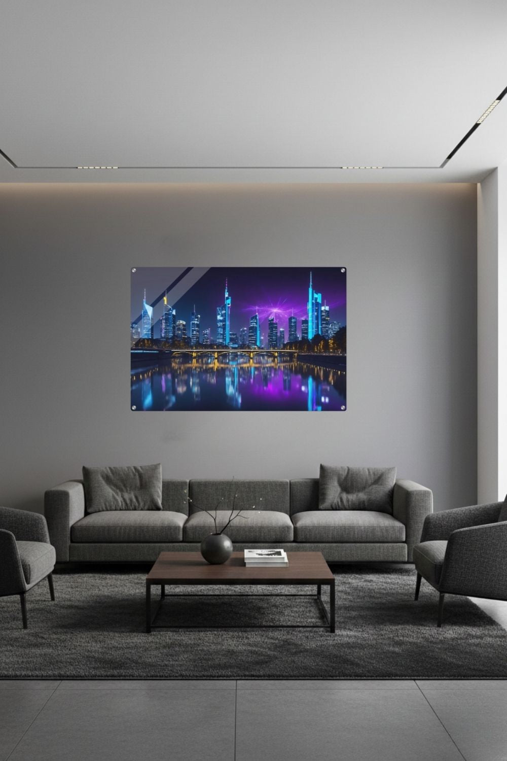 Futuristisches Wandbild der Frankfurter Skyline bei Nacht mit neonblauen Hochhäusern und violetten Lichtreflexionen auf dem Main. Acryl