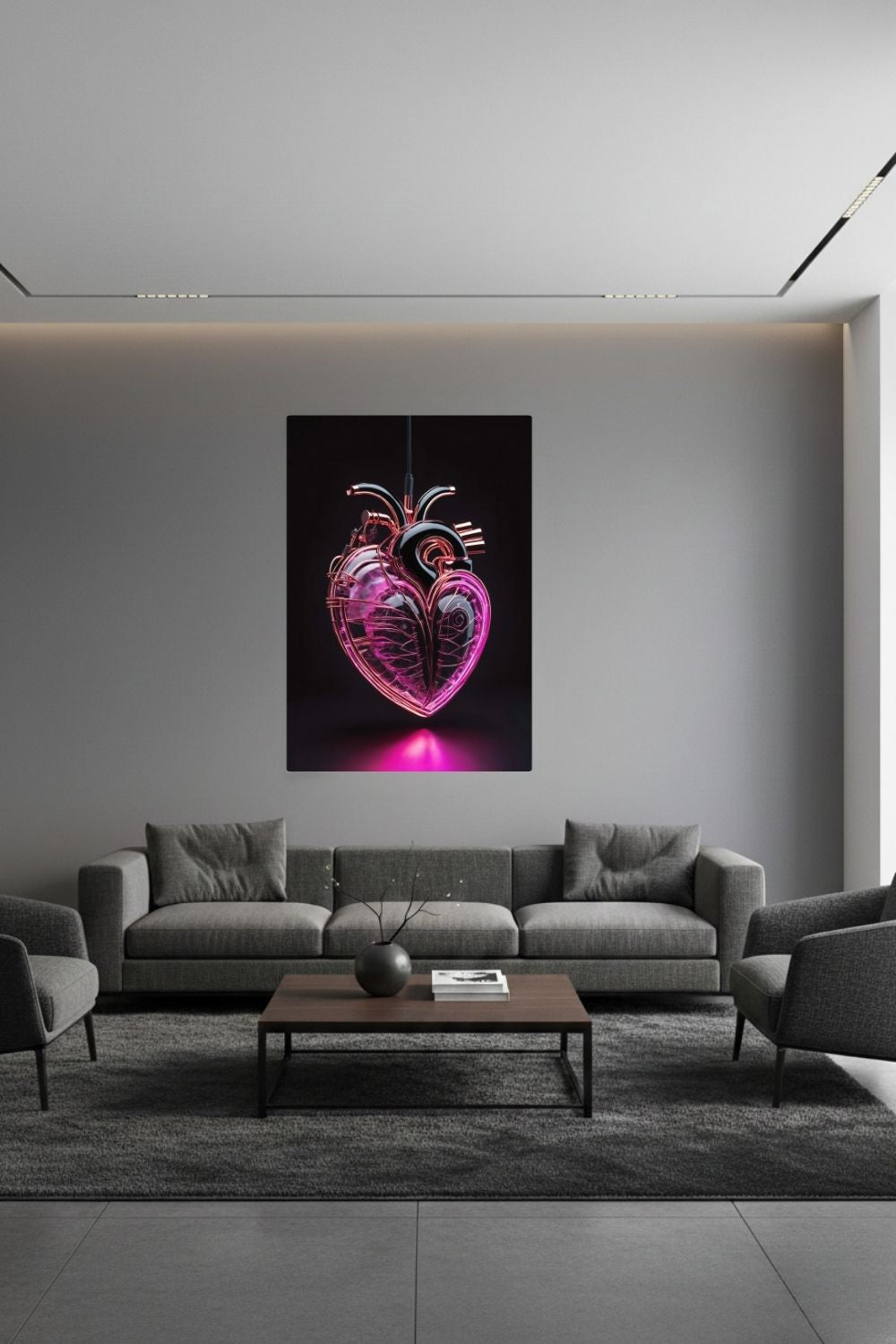 Digitales Kunstwerk eines anatomischen Herzens mit leuchtend pinken Neon-Strukturen und glänzenden schwarzen Oberflächen auf dunklem Grund. Dibond