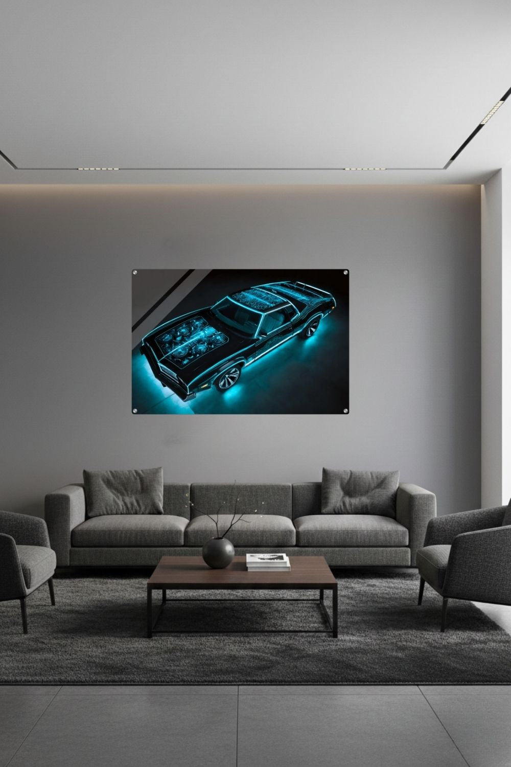 Digitales Kunstwerk eines schwarzen Muscle Cars mit leuchtend türkisen Neon-Umrisslinien und beleuchtetem Motor. Acryl