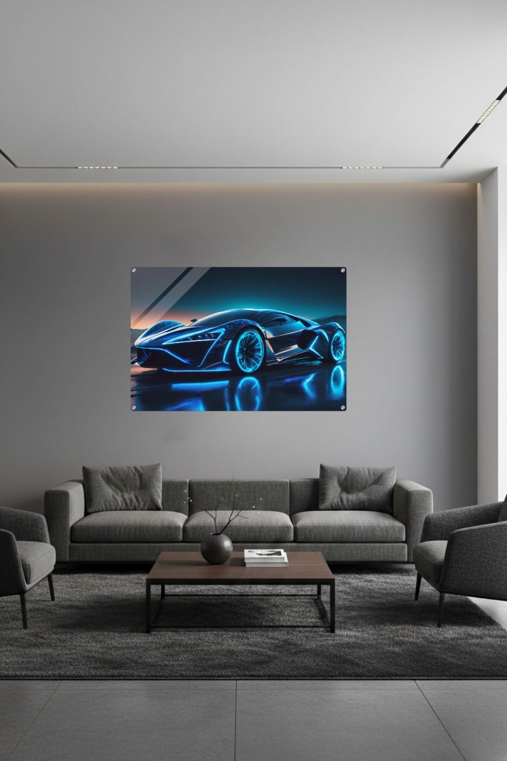 Futuristisches Hypercar-Wandbild in Schwarz mit leuchtend blauen Neon-Konturen und glühenden Felgen auf nasser Fahrbahn bei Nacht. 60x90 cm. Acryl