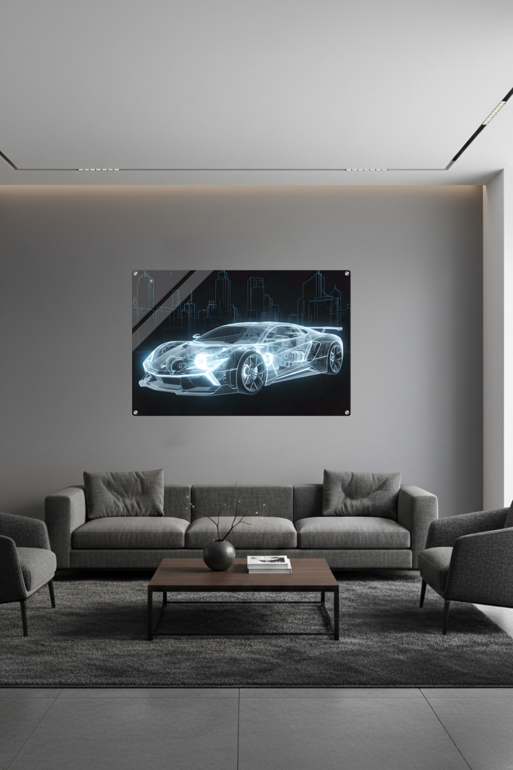 Futuristisches Wandbild eines transparenten, blau leuchtenden Supersportwagens in Blueprint-Optik vor einer skizzierten Stadt-Skyline. Acryl