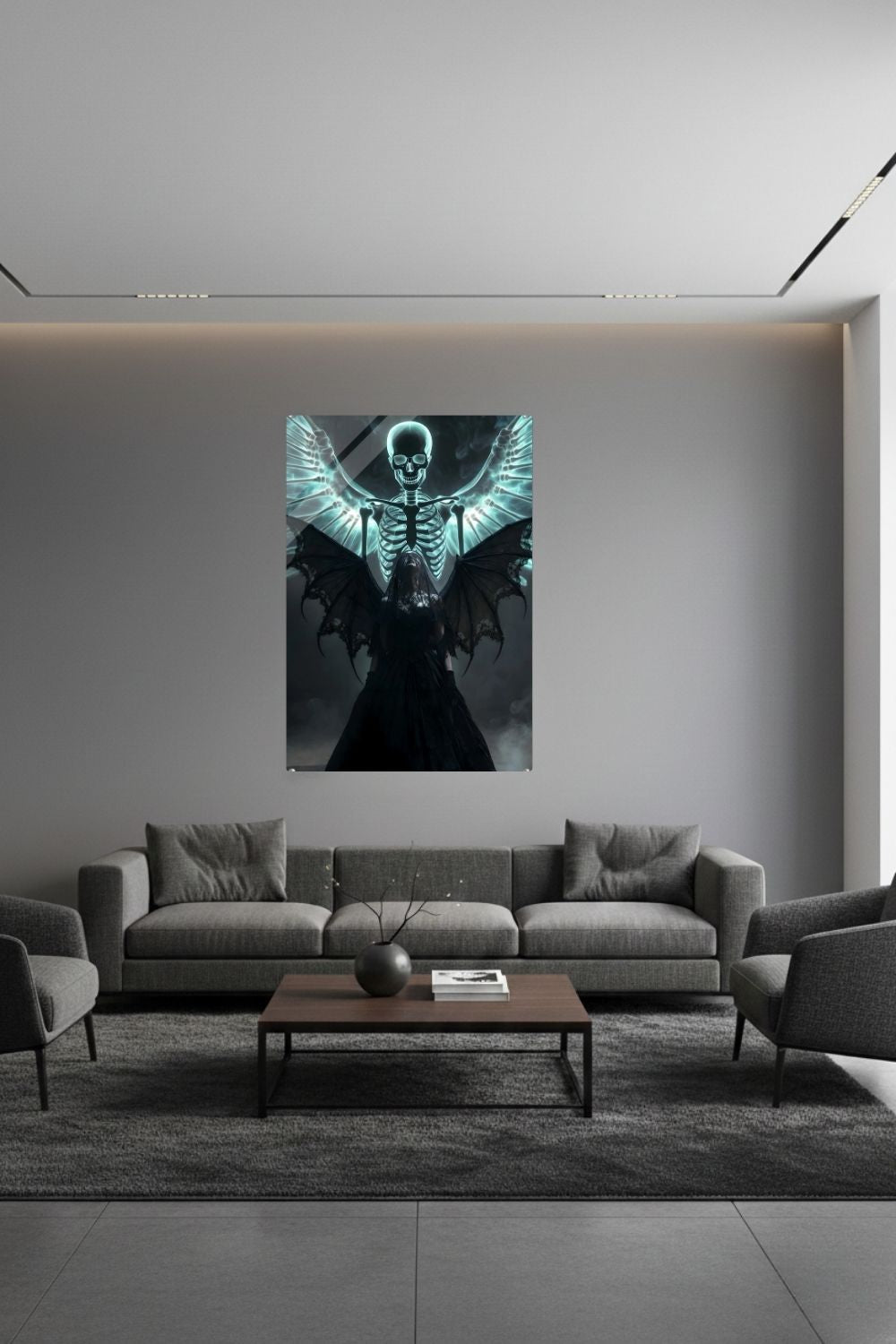 Düsteres Fantasy-Wandbild einer Frau in schwarzem Kleid mit großen Flügeln und einem leuchtenden Skelett-Engel im Hintergrund. Acryl