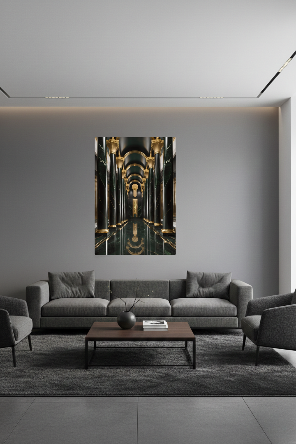 Maximale Opulenz: „Imperial Emerald Hall“ vereint grünen Marmor und goldenen Glanz in perfekter Symmetrie. Jetzt exklusive Premium-Kunst bei Gudekind entdecken. Dibond