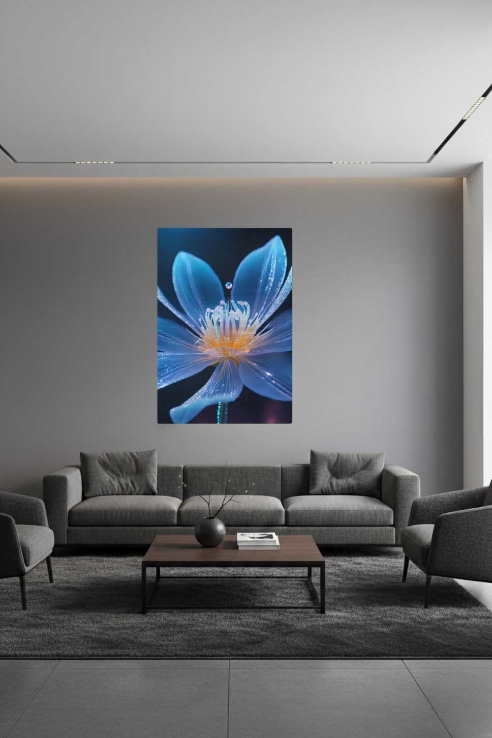 Digitales Wandbild einer blau leuchtenden Blüte mit goldenem Kern und schimmernden Lichtpartikeln auf dunklem Grund. Brushed