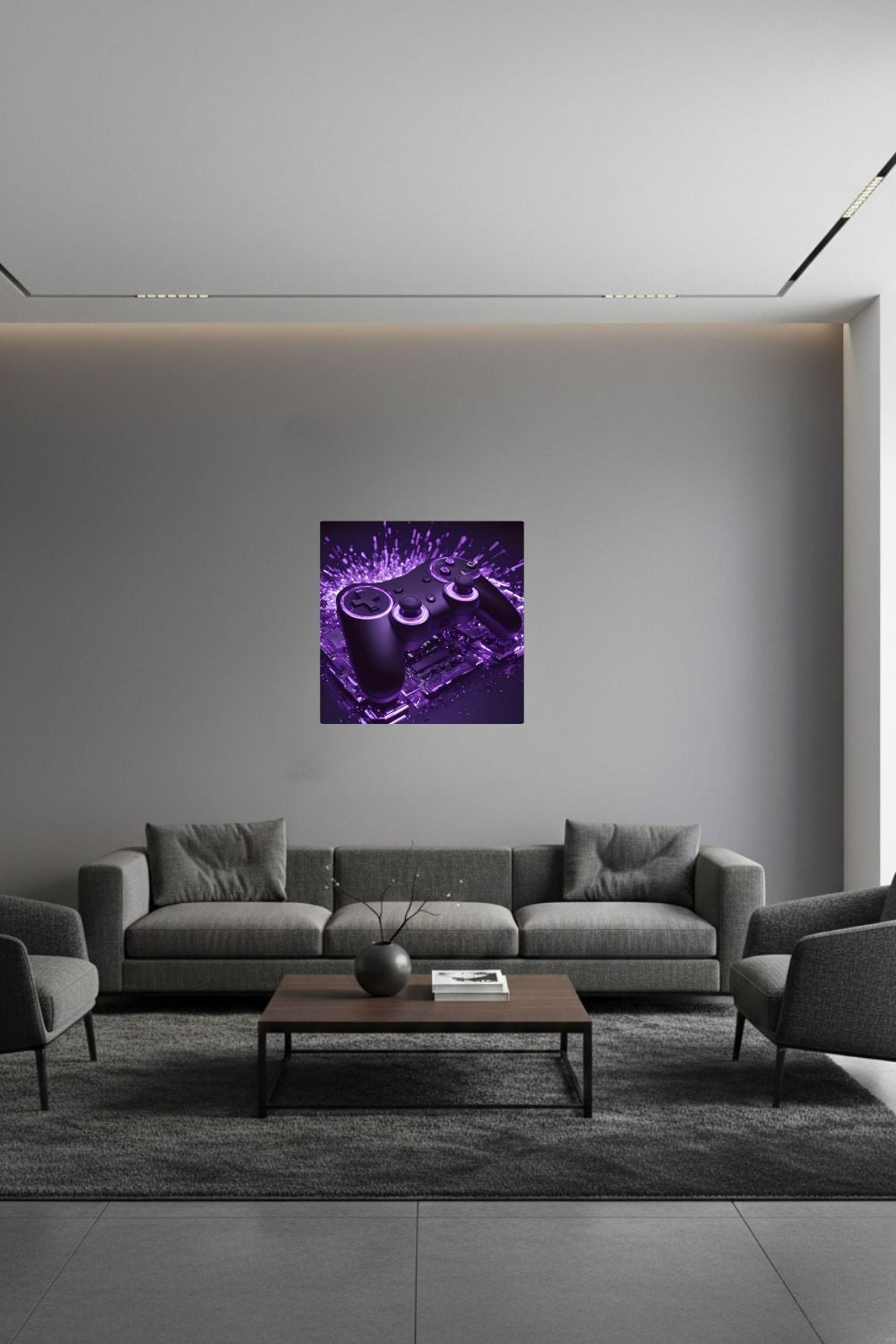 Modernes Gaming-Wandbild mit einem schwarzen Controller, der von violettem Neonlicht und Lichtpartikeln umgeben ist. Dibond