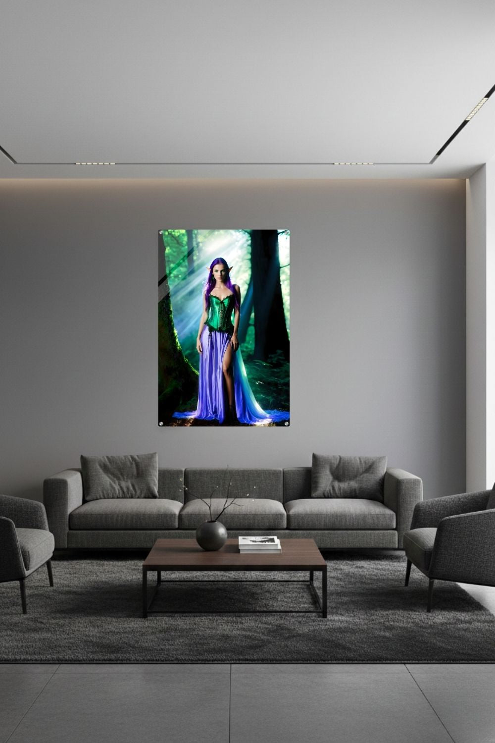 Tauchen Sie ein in eine magische Welt: „Forest Enchantress“ zeigt eine mystische Elfe im Sonnenlicht des Waldes. Jetzt hochwertig bei Gudekind bestellen. Acryl