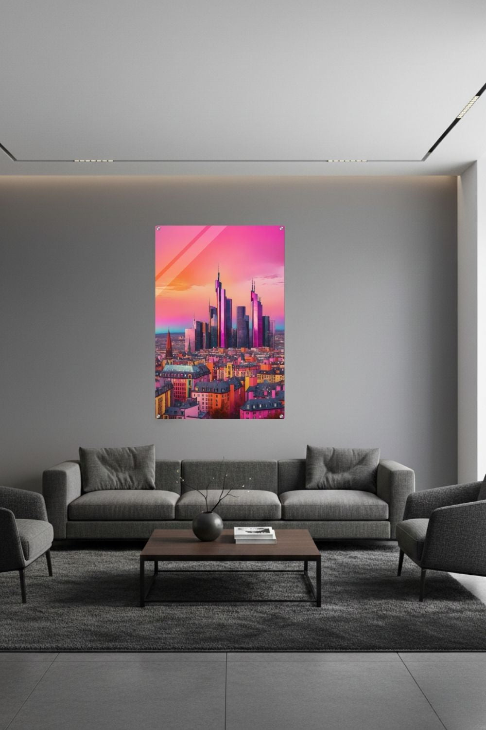 Buntes Wandbild der Frankfurter Skyline in intensiven Pink- und Violetttönen im modernen Pop-Art-Illustrationsstil. Acryl