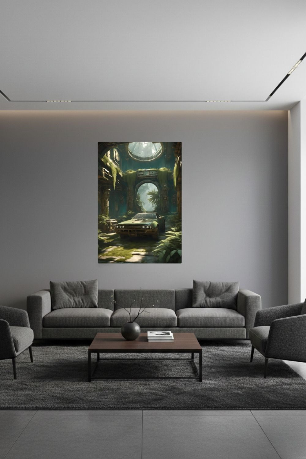 Vergangener Glanz trifft Natur: „Ancient Drive“ zeigt ein verlassenes Auto in einer überwucherten Ruine. Jetzt als hochwertiges Wandbild bei Gudekind kaufen. Dibond