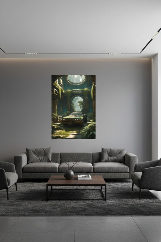 Vergangener Glanz trifft Natur: „Ancient Drive“ zeigt ein verlassenes Auto in einer überwucherten Ruine. Jetzt als hochwertiges Wandbild bei Gudekind kaufen. Dibond