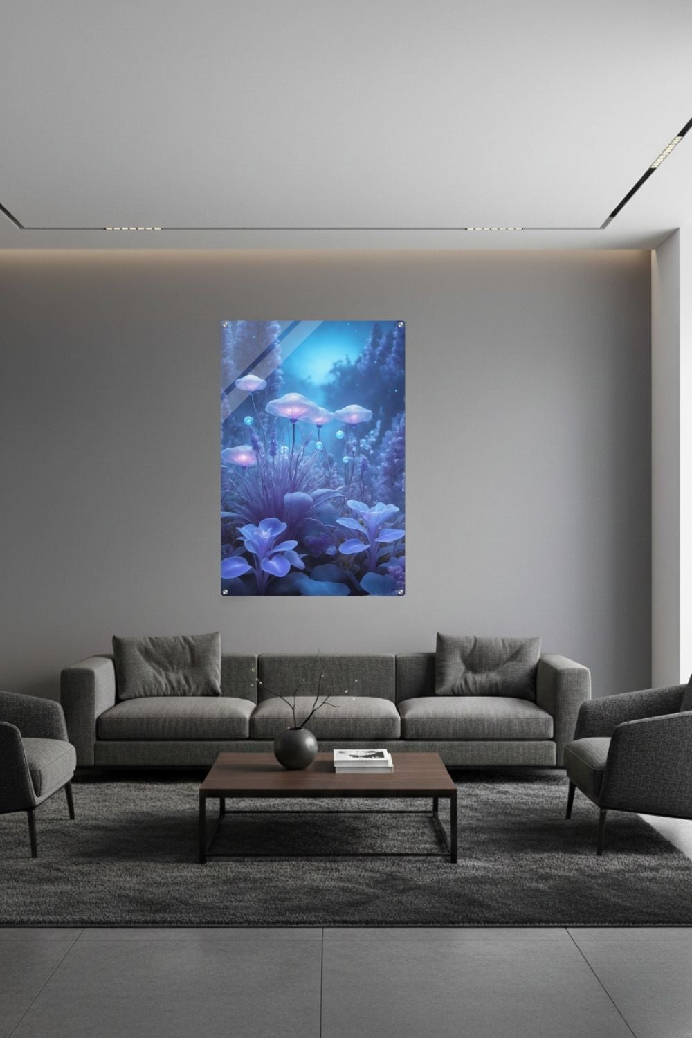 Digitales Kunstwerk einer fantastischen Waldlandschaft mit biolumineszenten, blau leuchtenden Pilzen und Blumen in sanftem Licht. Acryl