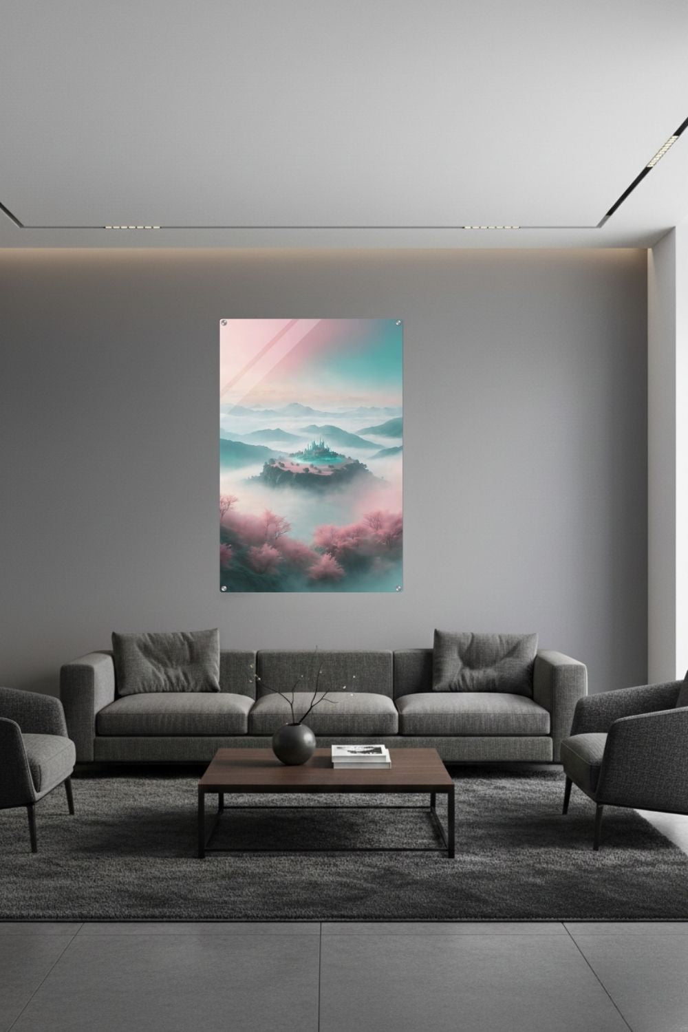 Ein Ort der Ruhe: „Celestial Sanctuary“ zeigt ein magisches Schloss über den Wolken in Rosé & Türkis. Exklusive Fantasy-Kunst für Ihr Zuhause bei Gudekind. Acryl