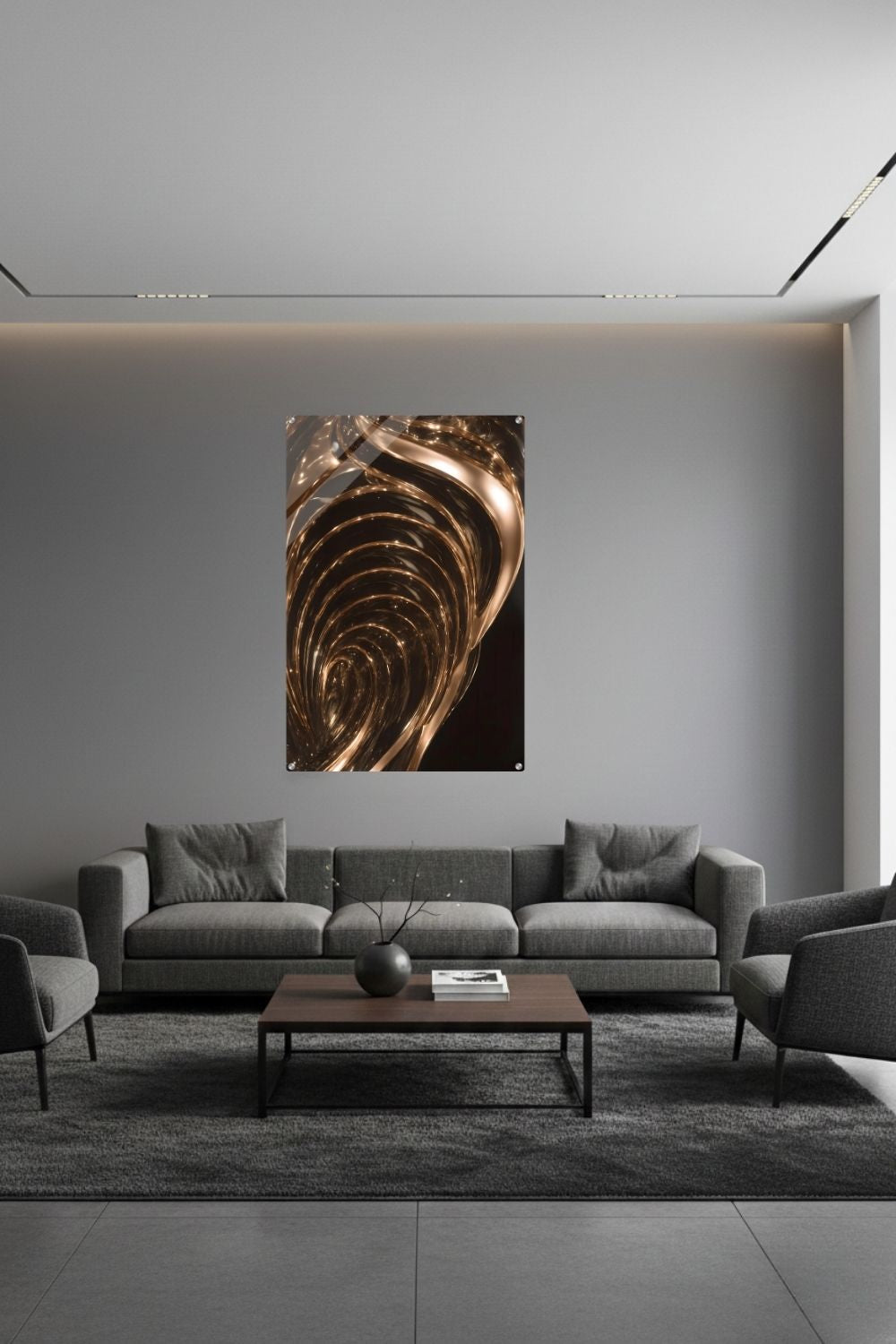 Abstraktes Wandbild mit fließenden, hochglänzenden Wellen aus flüssigem Gold vor einem tiefschwarzen Hintergrund. Acryl