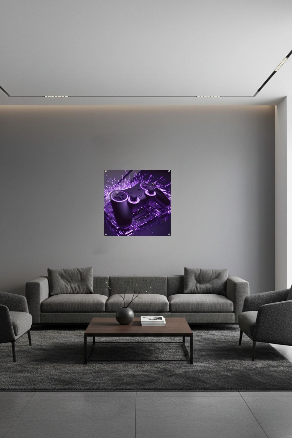 Modernes Gaming-Wandbild mit einem schwarzen Controller, der von violettem Neonlicht und Lichtpartikeln umgeben ist. Acryl