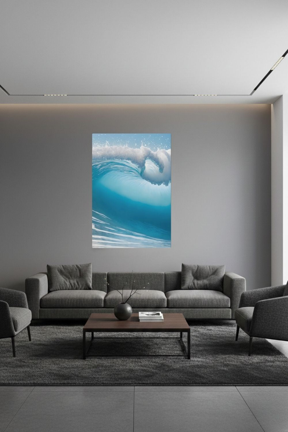 Hochwertiges Wandbild einer großen, brechenden Meereswelle in hellem Türkis mit weißer Gischt unter klarem Himmel. Dibond