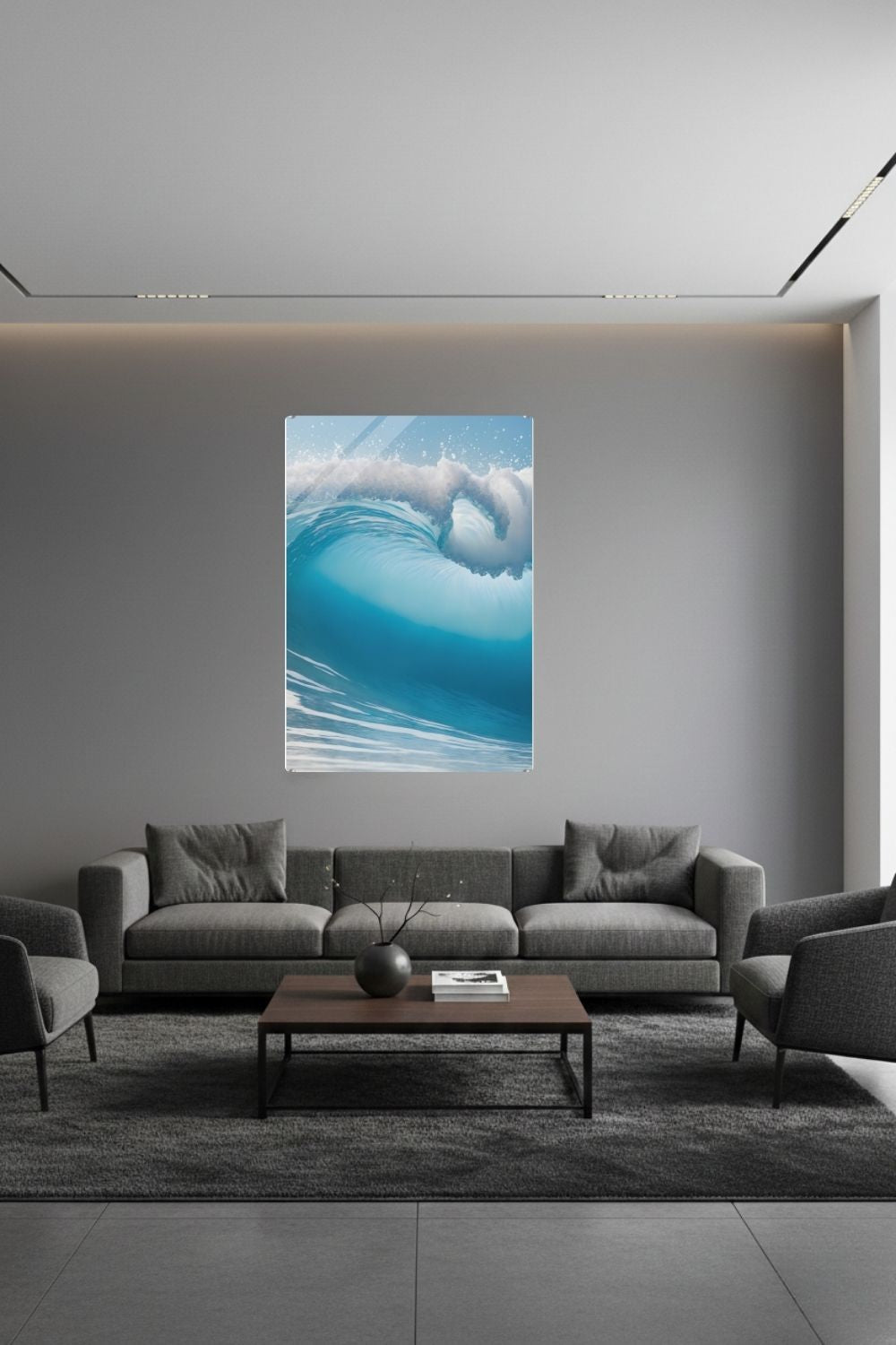 Hochwertiges Wandbild einer großen, brechenden Meereswelle in hellem Türkis mit weißer Gischt unter klarem Himmel. Acryl