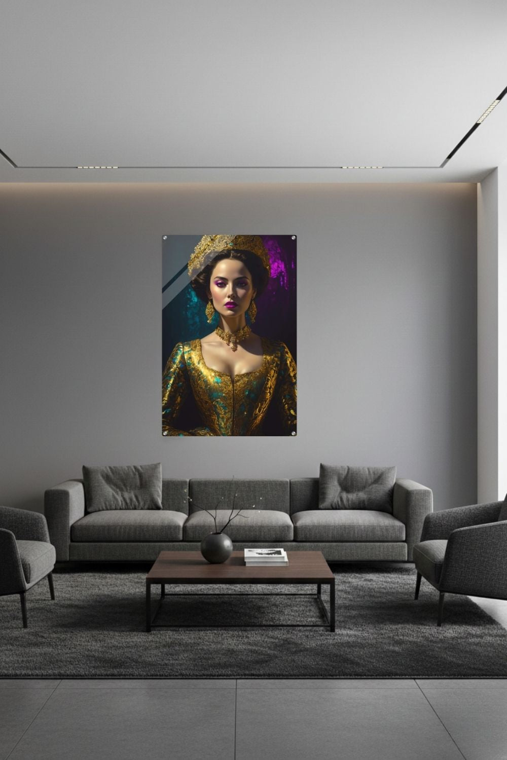 Digitales Porträt einer barocken Königin in Gold und Türkis mit deutlich sichtbaren, künstlerischen Glitch-Effekten und Pixelfehlern. Acryl