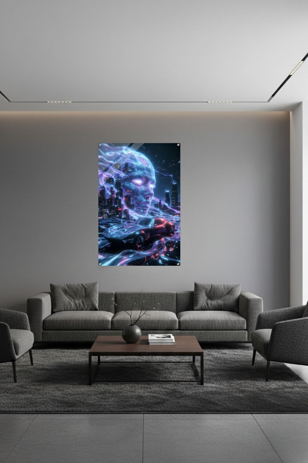 Cyberpunk-Wandbild mit einem Sportwagen auf leuchtenden Datenbahnen vor einer Skyline und dem digitalen Gesicht einer künstlichen Intelligenz. Acryl