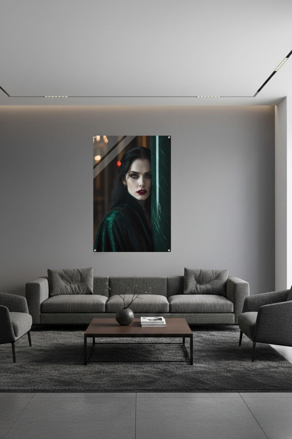 Aristokratisches Porträt einer Frau in grünem Samt an einer Marmorsäule mit roten Lippen. Acryl