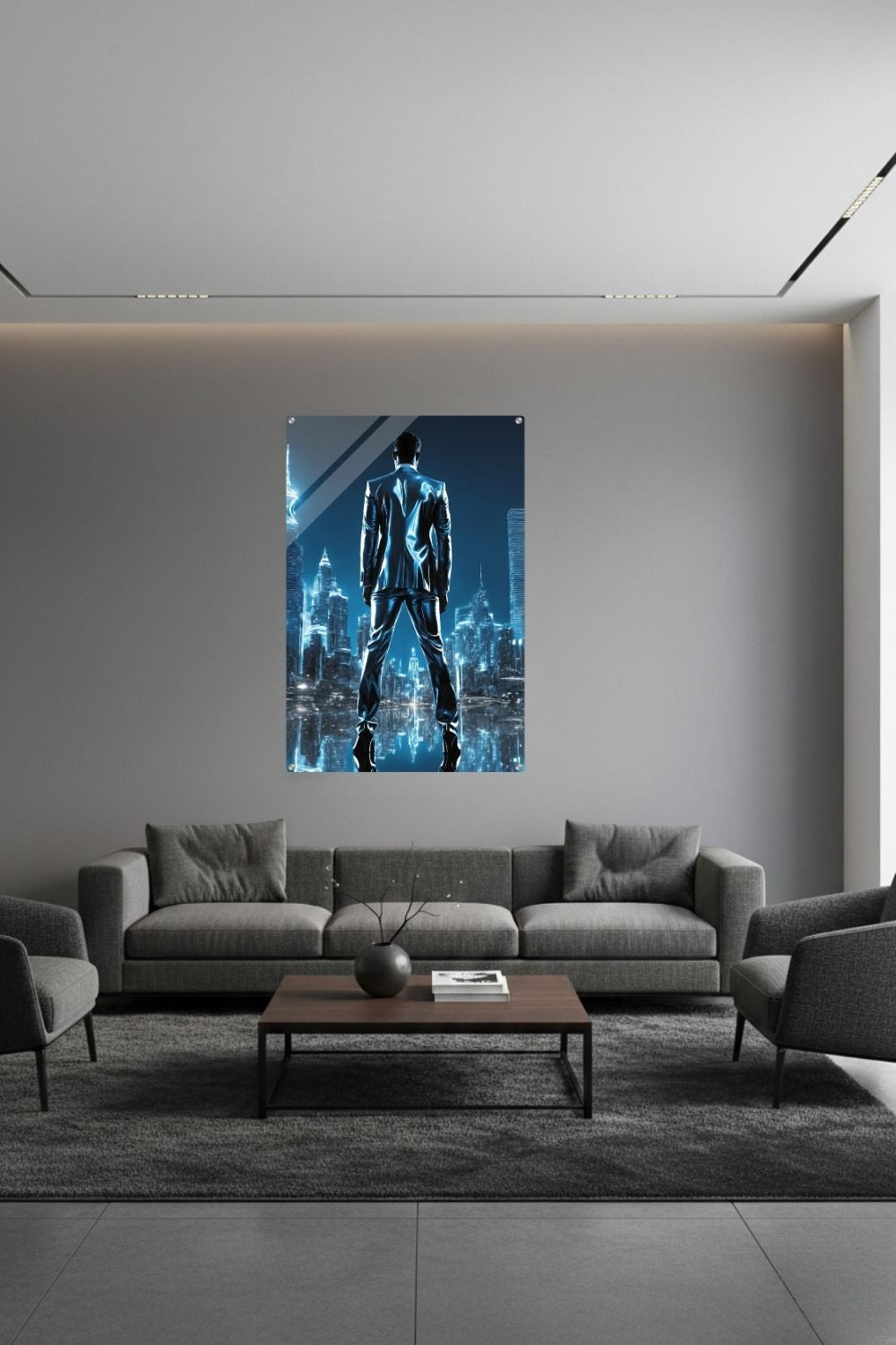Erfolg visualisiert: „Liquid Ambition“ zeigt einen Mann in Metall-Optik vor einer strahlenden Skyline. Kraftvolle Kunst für Ihr Büro bei Gudekind. Acryl
