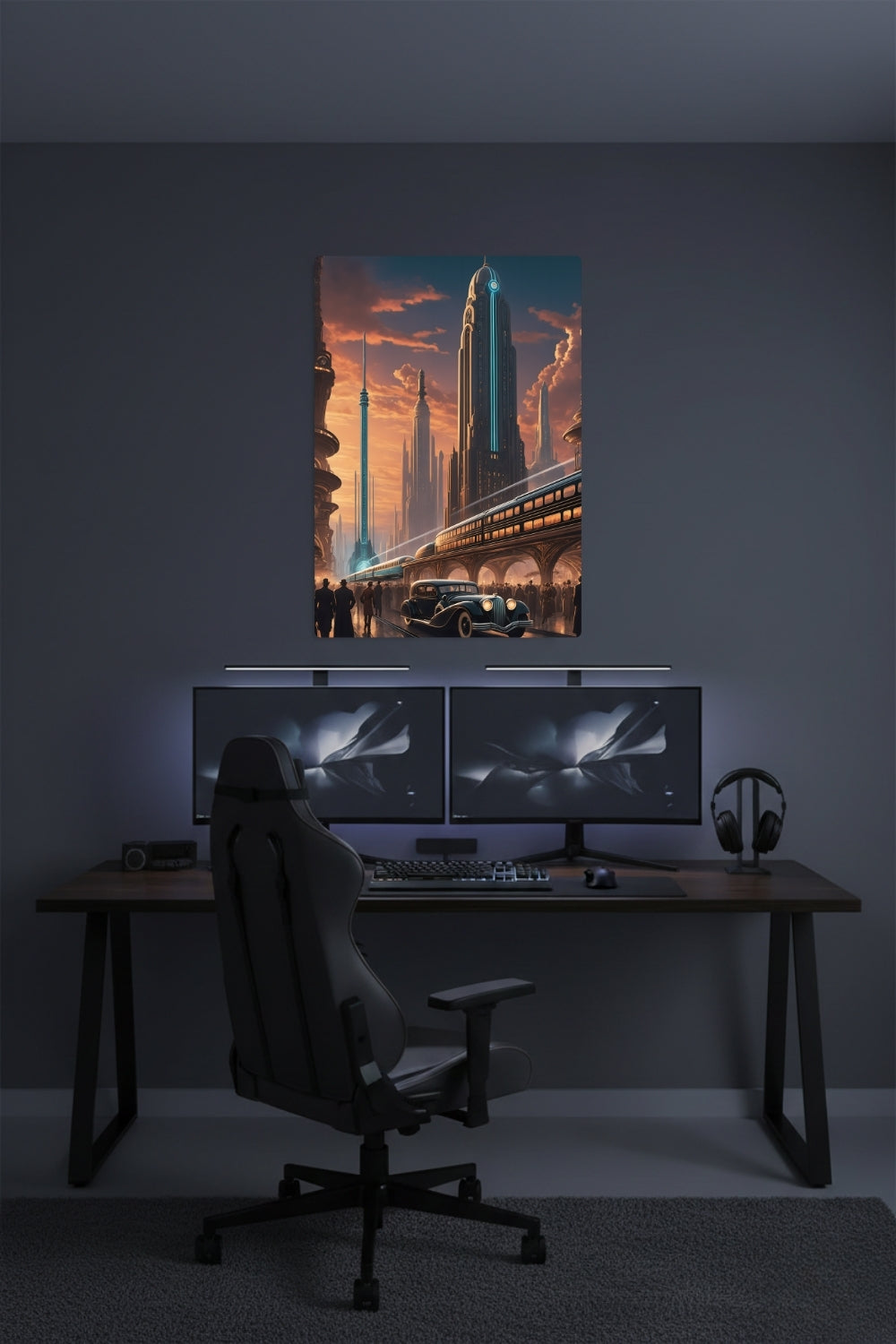 Cineastische Szene einer futuristischen Stadt im Art-Déco-Stil mit einem schwarzen Oldtimer, einem modernen Schnellzug und einer Skyline im goldenen Sonnenuntergang Brushed