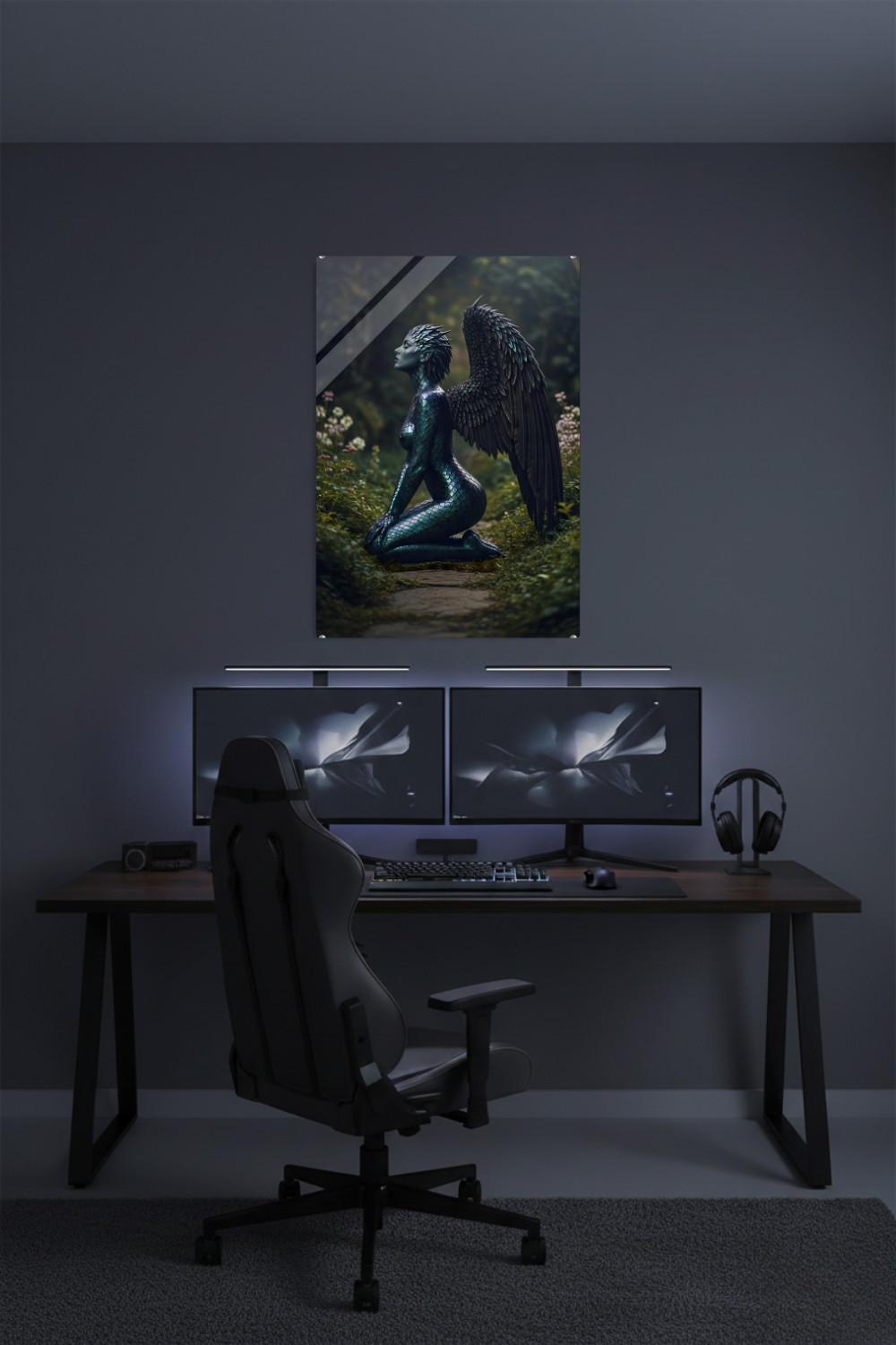 Detailreiches Porträt einer Frau, deren Haut an Wangen und Hals in grüne und goldene Drachenschuppen übergeht. Acryl