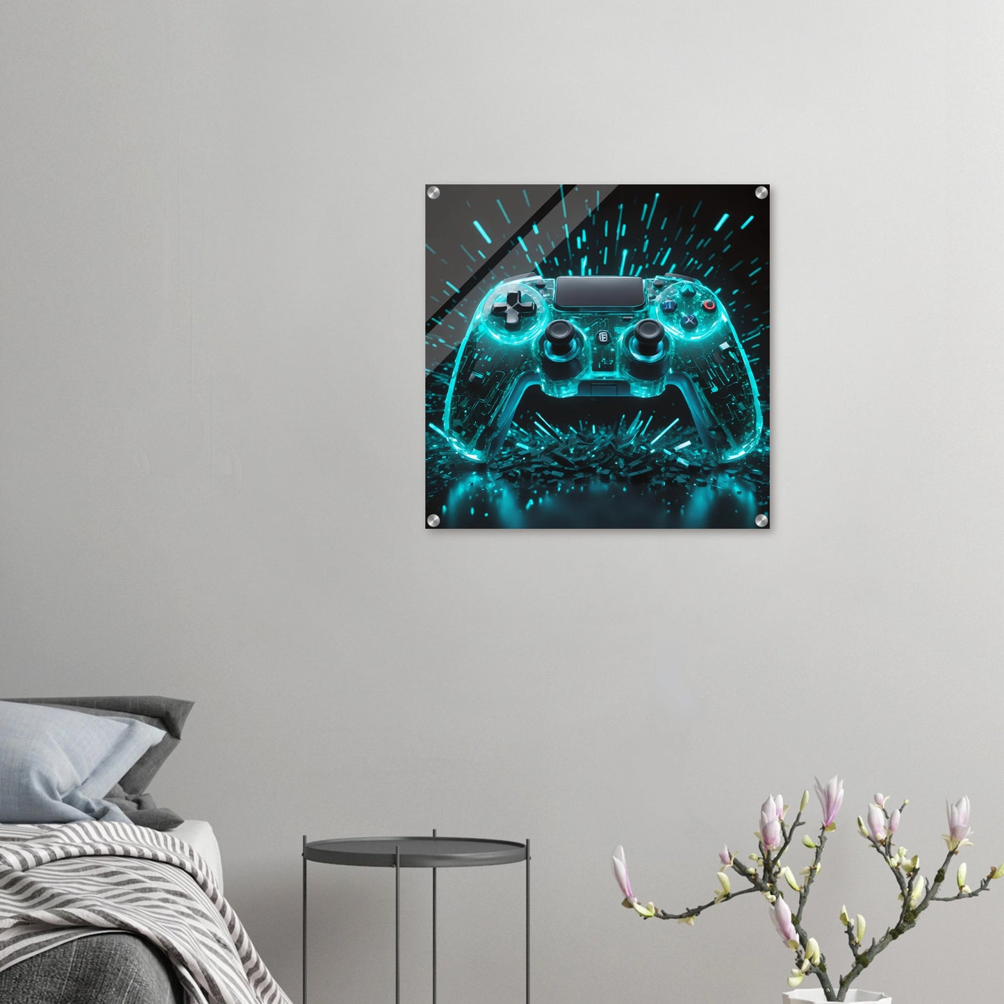 Modernes Wandbild eines transparenten Gaming-Controllers mit leuchtend türkis-cyanfarbenen Schaltkreisen und Licht-Explosion. 60x60 cm. Acryl