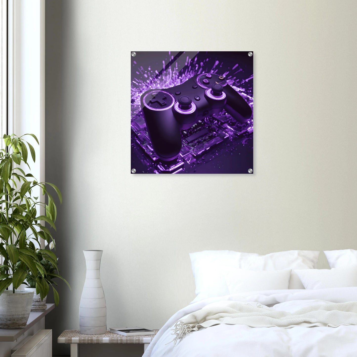 Modernes Gaming-Wandbild mit einem schwarzen Controller, der von violettem Neonlicht und Lichtpartikeln umgeben ist. 60x60 cm. Acryl