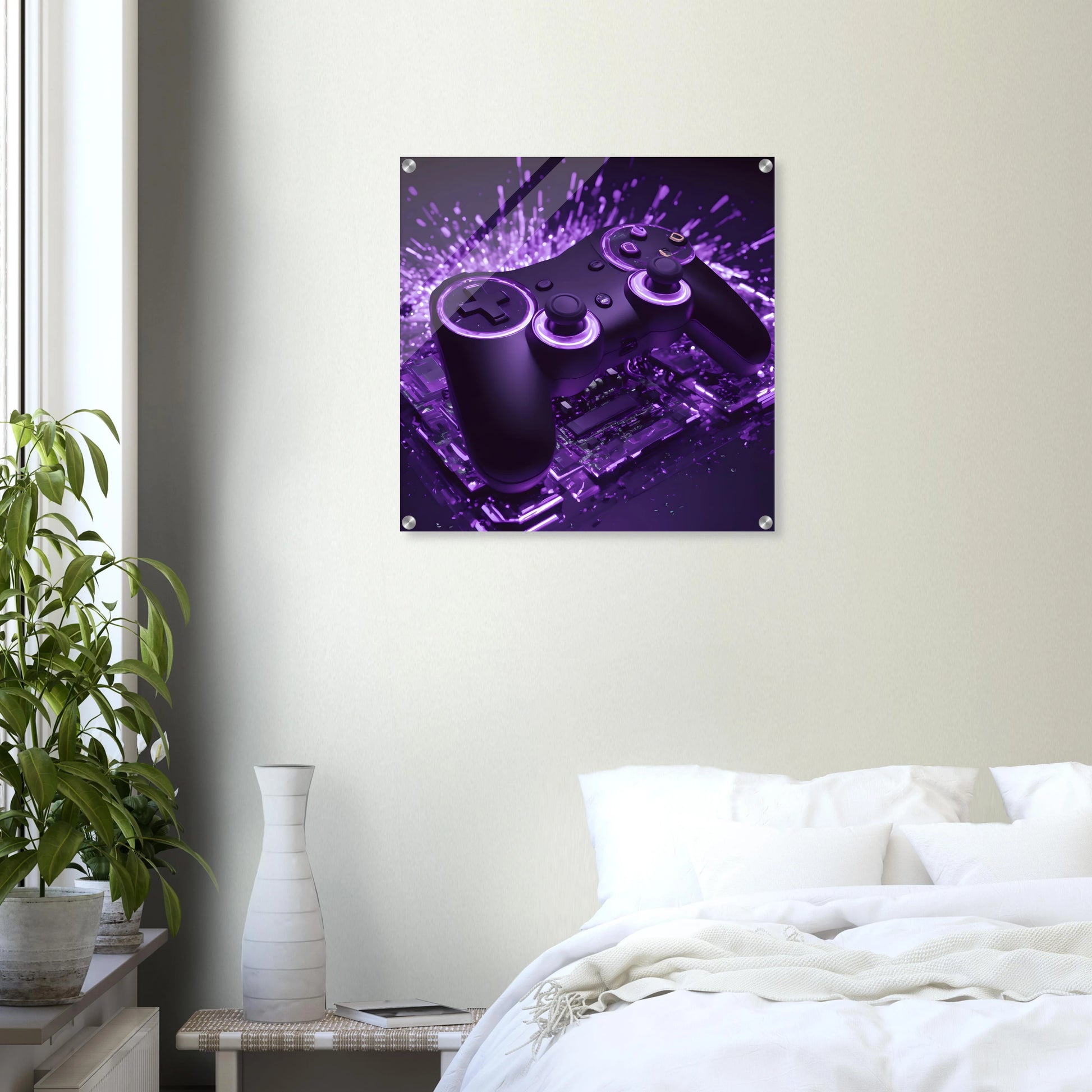 Modernes Gaming-Wandbild mit einem schwarzen Controller, der von violettem Neonlicht und Lichtpartikeln umgeben ist. 60x60 cm. Acryl