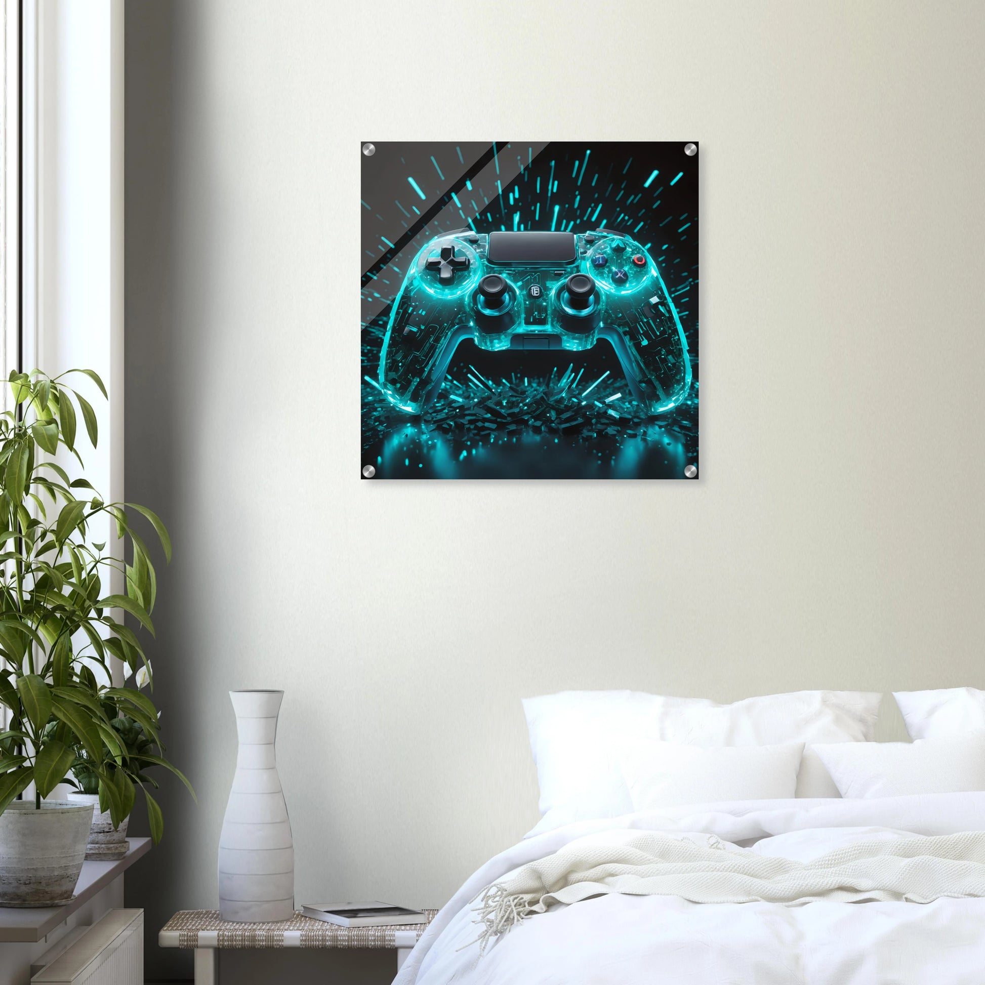 Modernes Wandbild eines transparenten Gaming-Controllers mit leuchtend türkis-cyanfarbenen Schaltkreisen und Licht-Explosion. 60x60 cm. Acryl