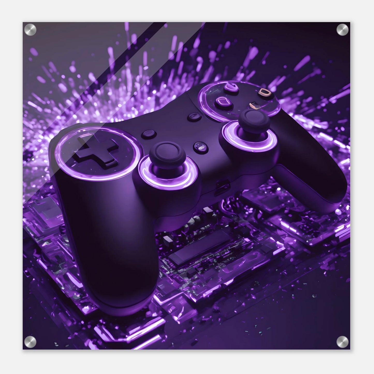 Modernes Gaming-Wandbild mit einem schwarzen Controller, der von violettem Neonlicht und Lichtpartikeln umgeben ist. 60x60 cm. Acryl